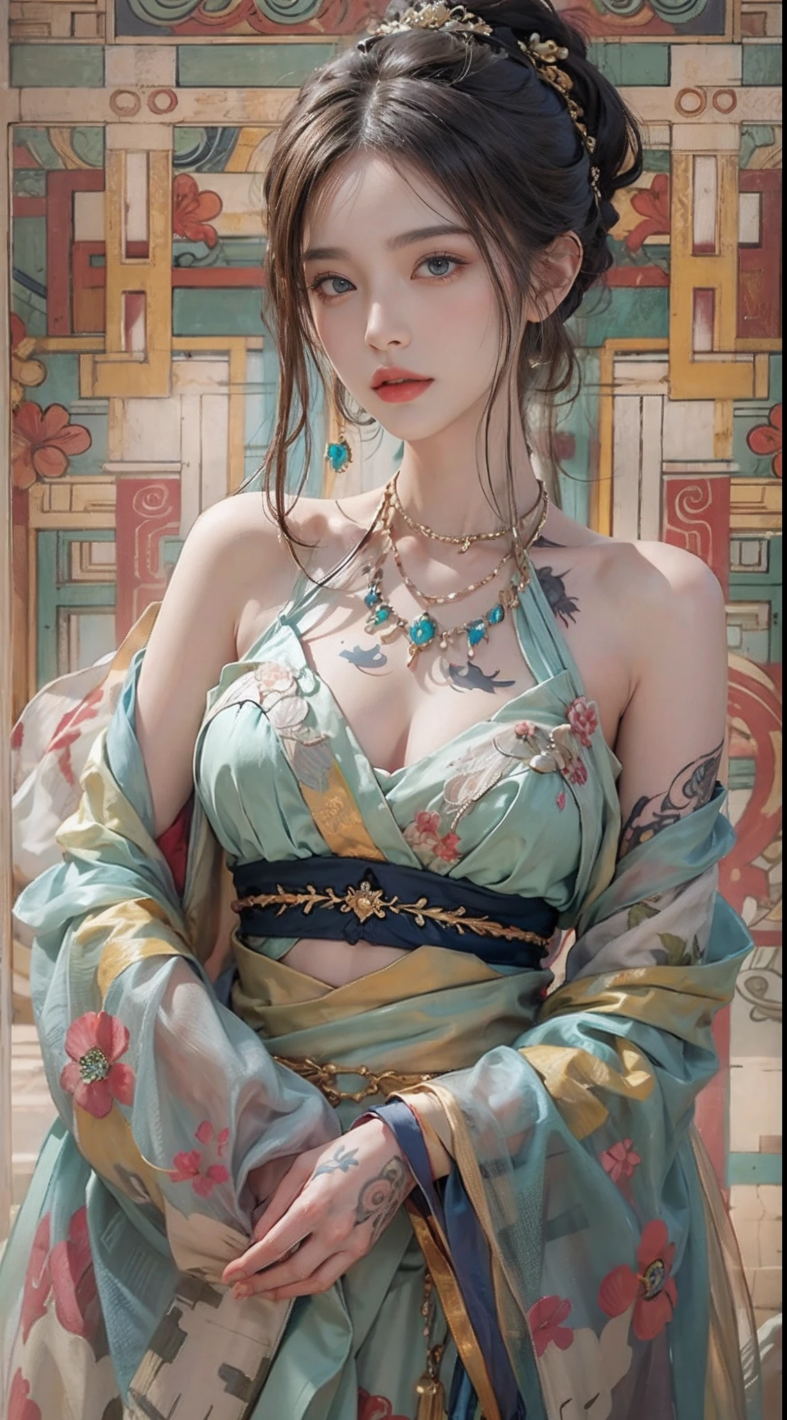 Photorealistic, high resolution, 1womanl, Solo, Hips up, view the viewer, (Detailed face), dunhuang_dress, jewelry, tattoo