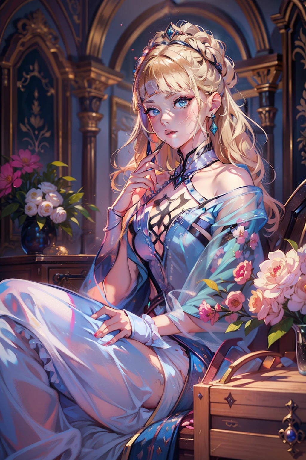A woman sits in a huge makeup case,hold a flower, princess portrait, Guviz-style artwork, blond-haired princess, portrait of princess, Guviz, kazakh empress, portrait of a princess, portrait of princess zelda, in the art style of bowater, Baroque fluffy skirt,Fantasy art style, beautiful fantasy maiden,Exquisite and perfect facial features,美丽细致的眼睛,long eyelasher,Delicate eyeliner,Blue eyes,Dark pupils,There are bright spots in the eyes,almond eyes,Beautiful lip details,8K high-definition,anatomy correct,Oil painting thick painting style