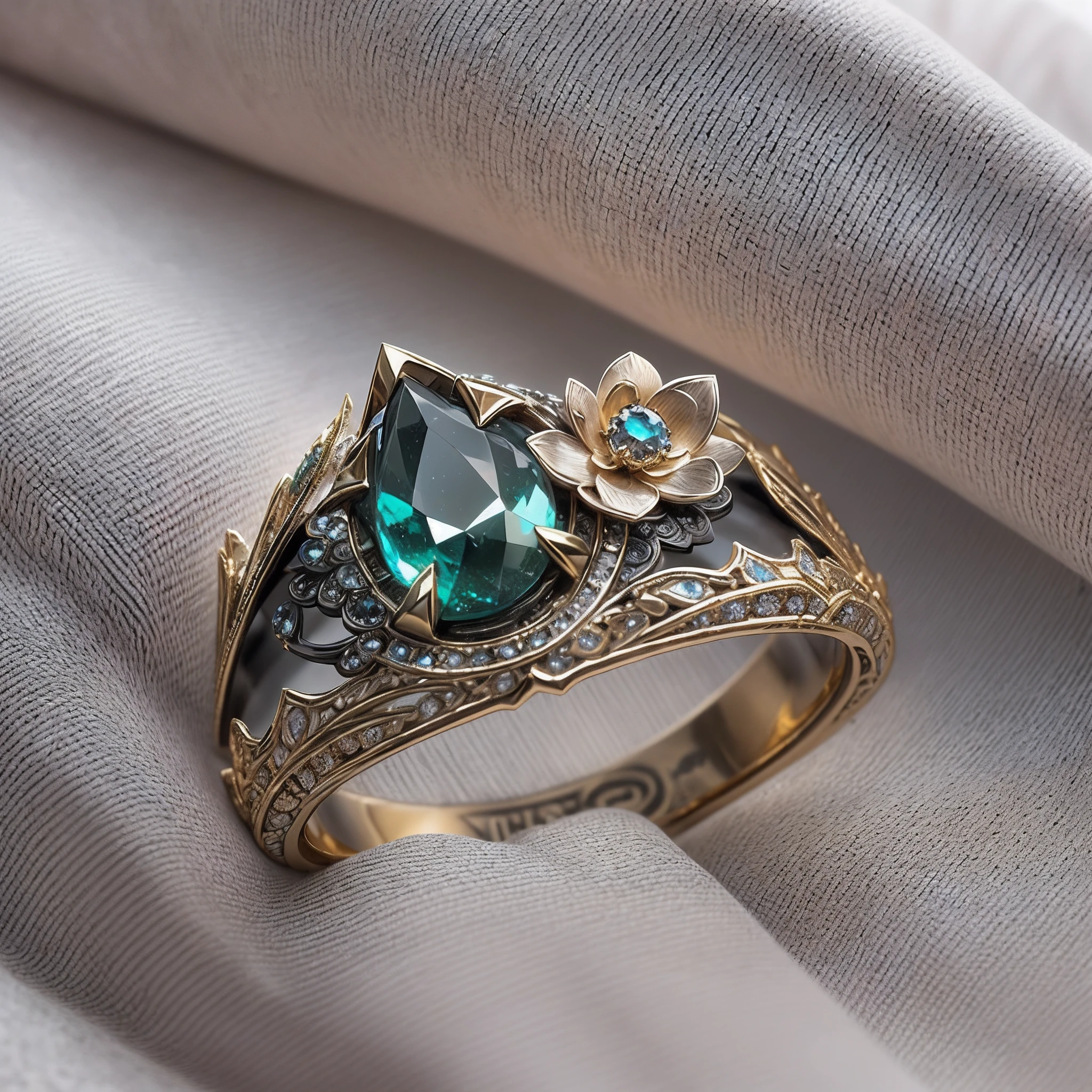 Masterpiece，highest  quality，(Nothing but the ring)，(No Man),The ring is shaped like a Chinese dragon，Wrapped around the end from beginning to end，Delicate gold ring，The sheen，inverted image，Sparkling blue-green gemstones，Elegant and noble,simple backgound