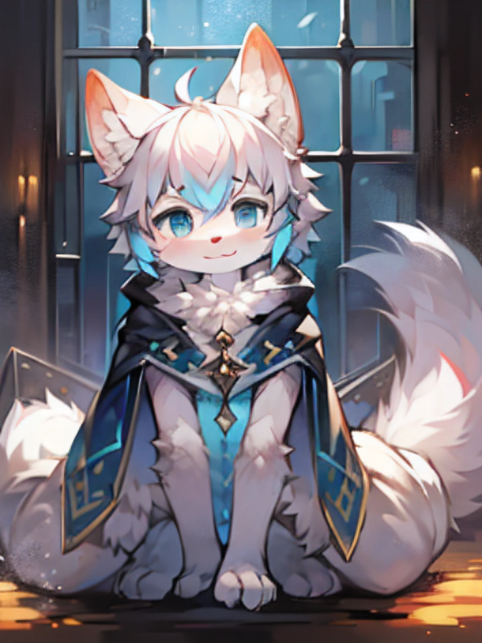 (8K, Best quality, Masterpiece:1.2),Masterpiece,High quality,abstract res,Digital painting\(artwork of a\), Yupa,Kiyosan,(anthro,Fluffy fur,Character focus:1.1),anthro male cat,Short hair, eyes with brightness, in a panoramic view, Character focus.(detailedbackground:0.7), 独奏, shaggy, shaggy male, malefocus, anthr,(Short head，Full Body Furry, Fluffy tail, Pure white fur, White ears，White，blue color eyes, White color hair:1.2), (long canines、Handheld telephoto lens、cloaks：1.2），Confident and happy expression,kawaii,Cute,Fancy,Fragile,Cool,Handsome. Look into the distance