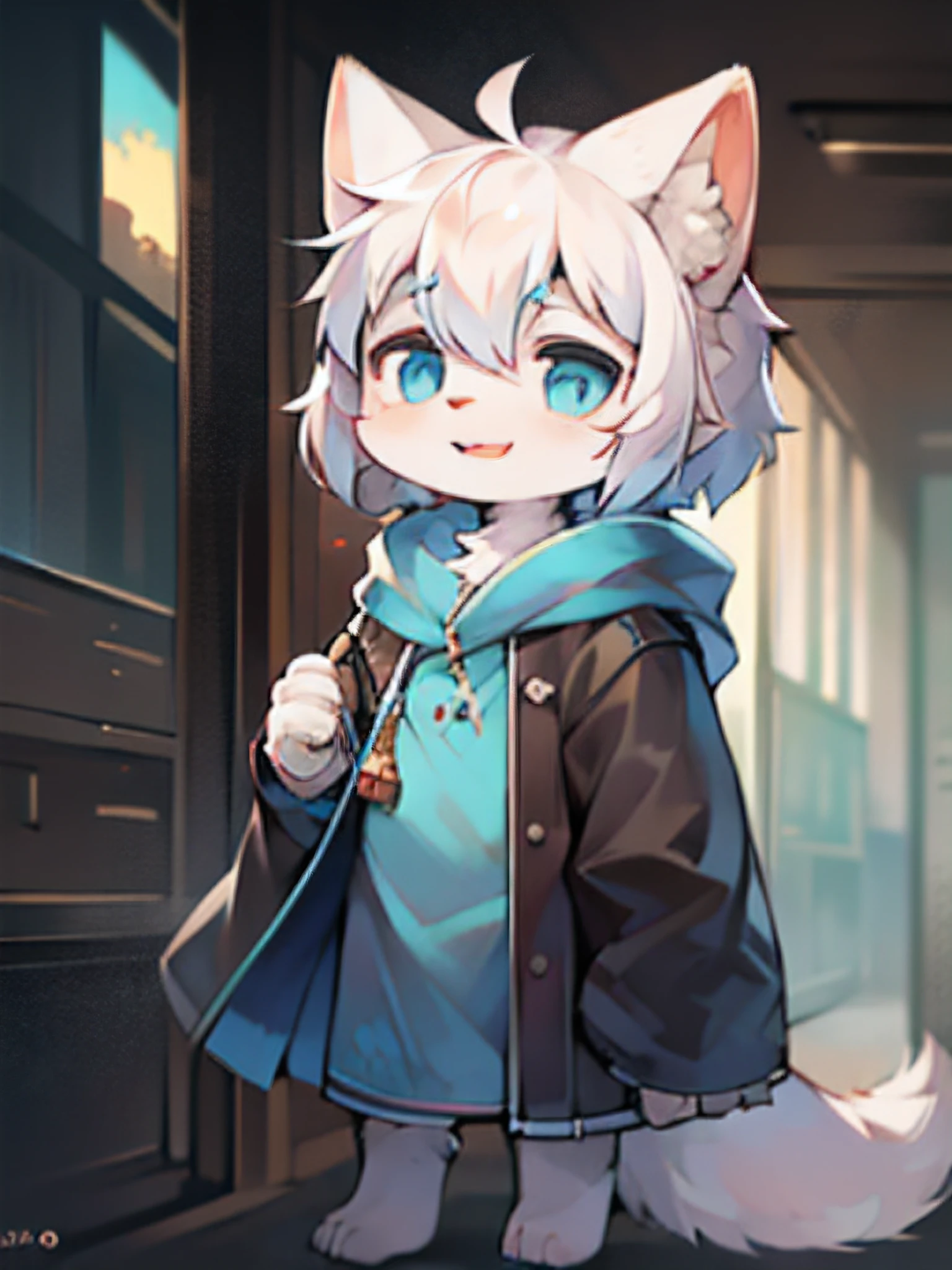 (8K, Best quality, Masterpiece:1.2),Masterpiece,High quality,abstract res,Digital painting\(artwork of a\), Yupa,Kiyosan,(anthro,Fluffy fur,Character focus:1.1),anthro male cat,Short hair, eyes with brightness, in a panoramic view, Character focus.(detailedbackground:0.7), 独奏, shaggy, shaggy male, malefocus, anthr,(Short head，Full Body Furry, Fluffy tail, Pure white fur, White ears，White，blue color eyes, White color hair:1.2), (long canines、Handheld telephoto lens、cloaks：1.2），Confident and happy expression,kawaii,Cute,Fancy,Fragile,Cool,Handsome. Look into the distance