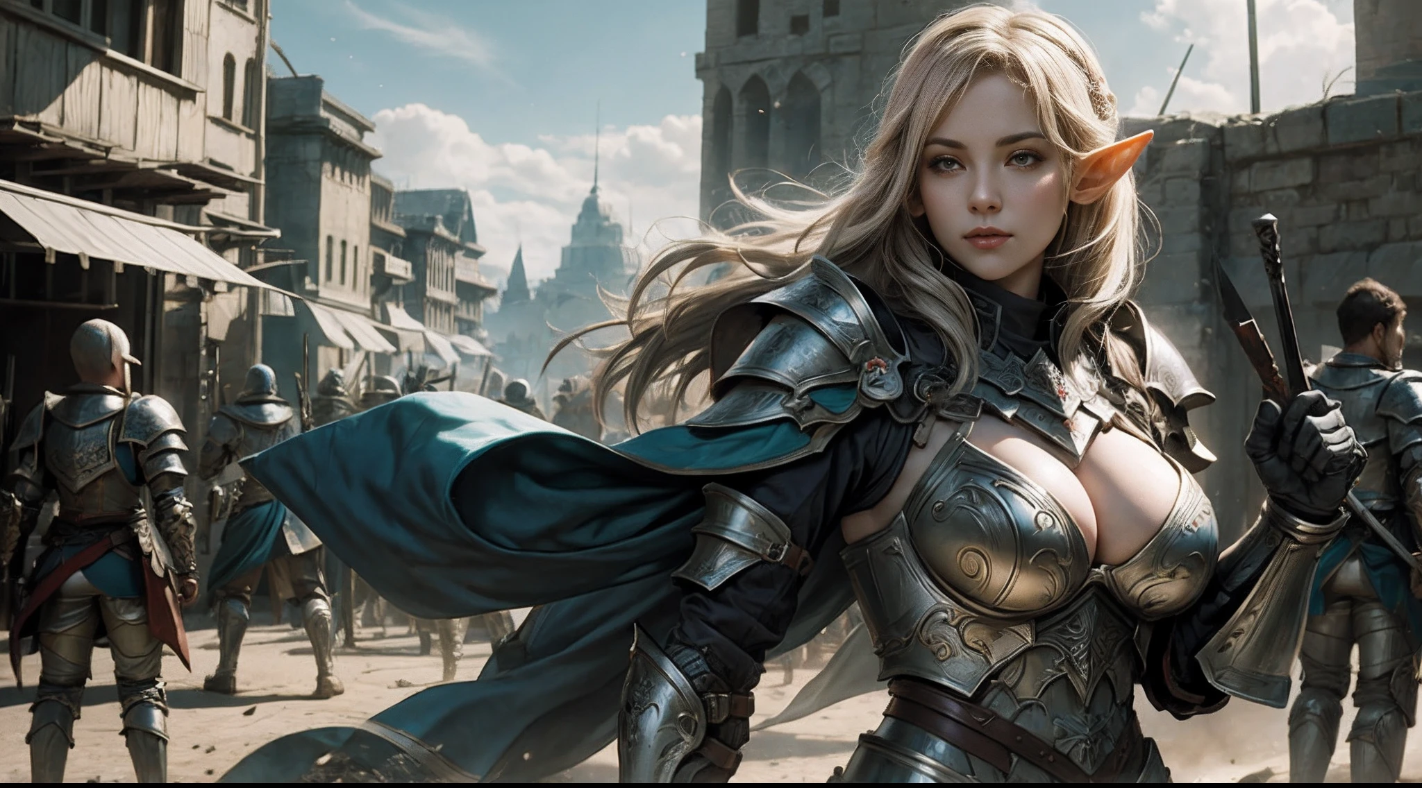 Female elf,Large breasts,Heavy armor,Square shield,complex patterns,The background is the battlefield,Fighting posture,Mid-range portrait