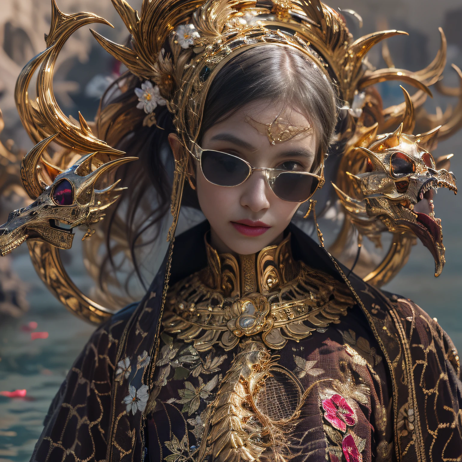 Crocodile pond,32K(tmasterpiece,k hd,hyper HD,32K)Burgundy double ponytail,flower stick,Indigo Skull King ,Hold the heavy wooden steering wheel (The skeleton is realistic:1.4),Crocodile pattern robe,Rusty skull ornaments,Sargin linen cloak,Petals flutter,Deep gold sunglasses,Hold your head high,Be proud,The nostrils look at people,A primary and secondary school student, A high resolution,Xueba, the detail, RAW photogr, Sharp Re, Nikon D850 Film Stock Photo by Jefferies Lee 4 Kodak Portra 400 Camera F1.6 shots, Rich colors, ultra-realistic vivid textures, Dramatic lighting, Unreal Engine Art Station Trend, cinestir 800,Hold your head high,Lateral face,Be proud,The nostrils look at people,Tsundere,Petals flutter,Petals flutter,Crocodiles sprinkled with gold dust,Fluttering,Impeccable,( reasonable design, Clear lines, High sharpness,Best quality, Very detailed skeleton, The skeleton of a masterpiece, offcial art, movie light effect, 8K crocodile skeleton(((Platinum marble sunglasses)))Deep gold sunglasses,side portrait