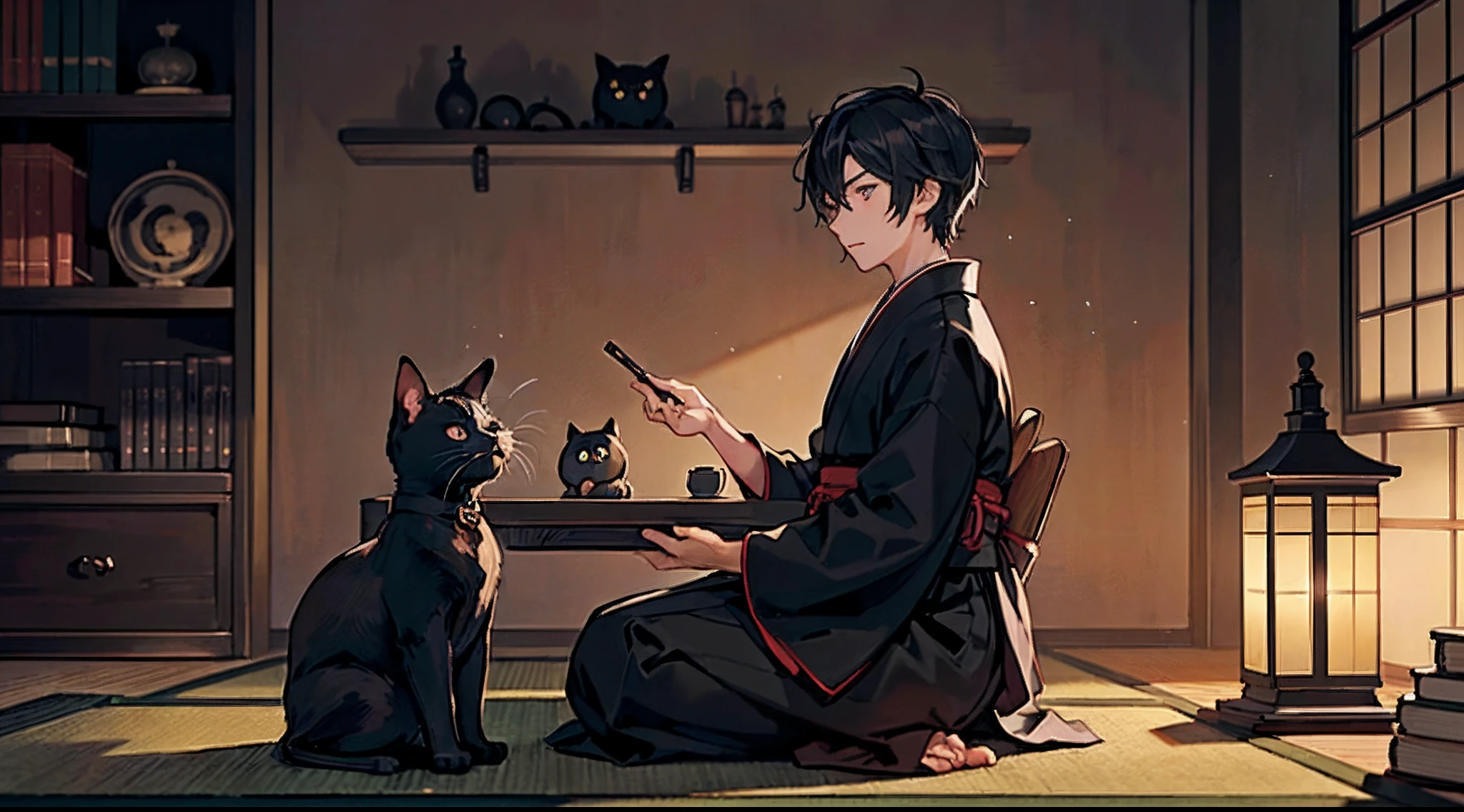 #night sky (darkness of night,no light),
#one writing boy (16 male、Honor Students、A dark-haired、short-hair、hakama,sit flat),
#black room at night (no light,black cat,wooden low table,one candle,pretty tatami,a lot of books,bookshelf)