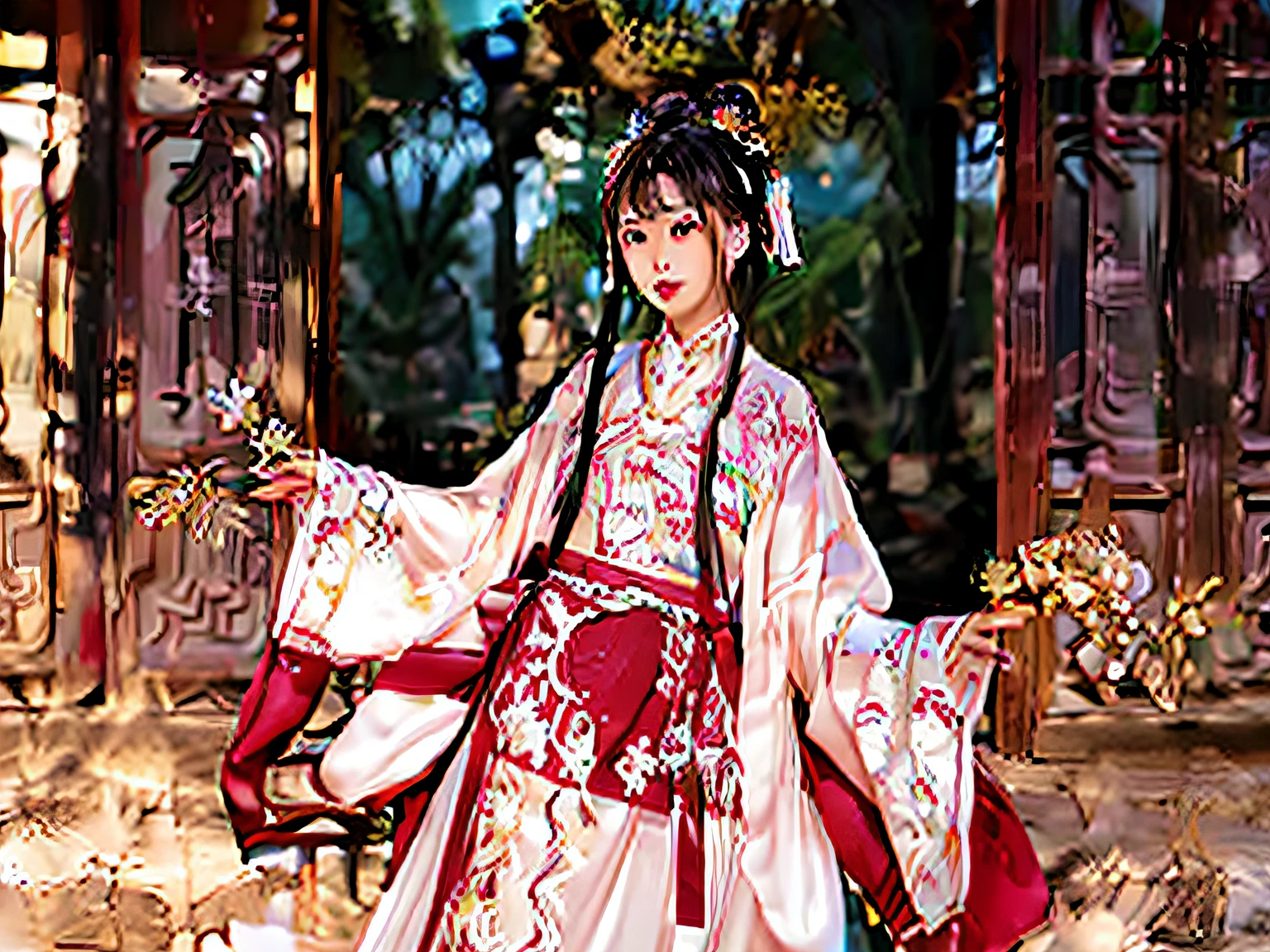 There was a woman standing by the wall,There is a painting on the wall, Palace , A girl in Hanfu, Wearing ancient Chinese clothes, Traditional Chinese clothing, with acient chinese clothes, Hanfu, wearing ornate silk clothes, White Hanfu, komono, Inspired by Qiu Ying, Chinese traditional, in a kimono, in a kimono