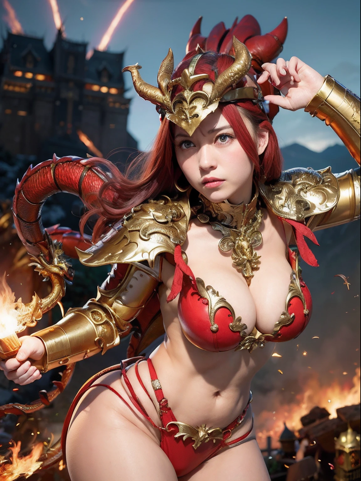 Professional , ​masterpiece、top-quality、photos realistic , depth of fields 、（Dragon Red Metal Body:1.９),(Matte Red、（cleavage of the breast）、Dragon Gold Weapon、（Red Micro Bikini Armor:1.４),Gorgeous gold weapons ,（（ Dragon's dense and gorgeous sword）） , （demonic wings）、（（a blond））、（Castle background）、（（Gangle's forest background））、Beautiful Caucasian beauty、１a person、dynamic ungle,(((Detailed and ornate dragon helmet)))、Smaller head、A smile、Castle background、Thin and beautiful female hands、cleavage of the breast、Soldier in iron armor on background、Mystical expression、Light Effects、intense fighting、Wind-effect、magic circles、With the legendary magic wand、Dragon's tail、explosions、