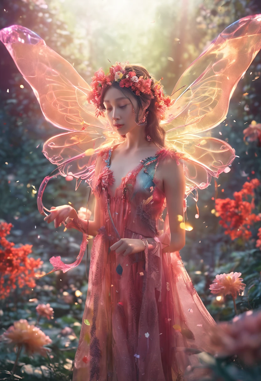Flower Fairy, Transparent and colorful wings, magic wands,china style,8K,Lightmature style,The eyes are depressive,Anatomical details