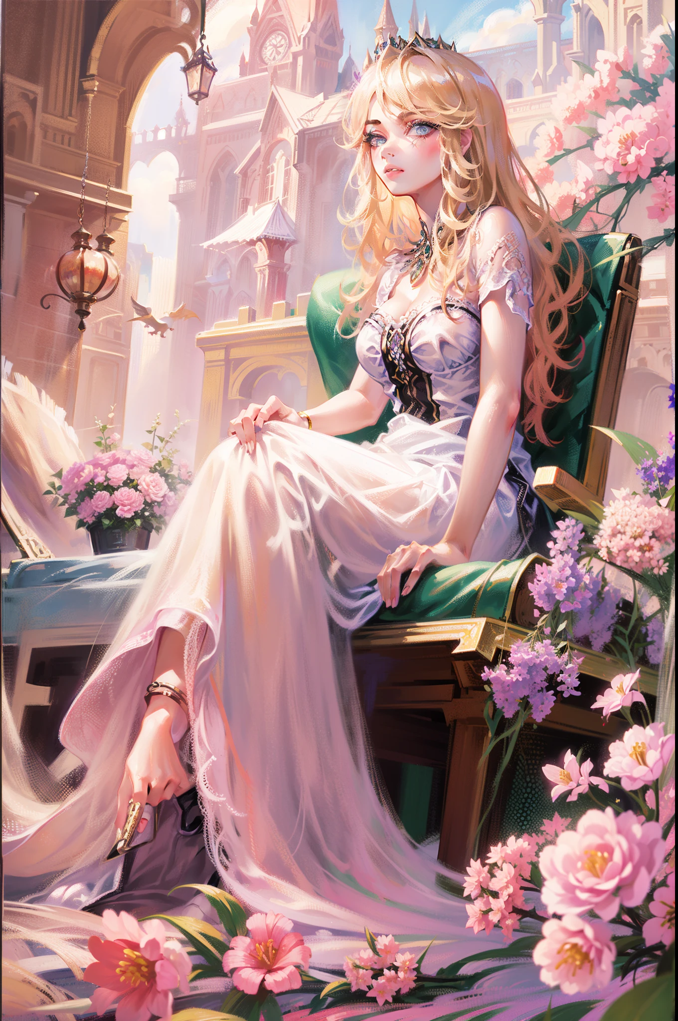 A woman sits in a huge makeup case，hold a flower, princess portrait, Guviz-style artwork, blond-haired princess, portrait of princess, Guviz, kazakh empress, portrait of a princess, portrait of princess zelda, in the art style of bowater, Baroque fluffy skirt，Fantasy art style, beautiful fantasy maiden，Exquisite and perfect facial features，美丽细致的眼睛，long eyelasher，Delicate eyeliner，almond eyes，Beautiful lip details，8K high-definition，anatomy correct，Oil painting thick painting style