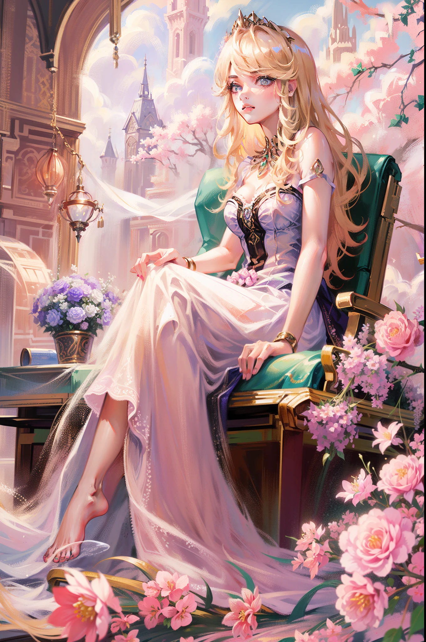 A woman sits in a huge makeup case，hold a flower, princess portrait, Guviz-style artwork, blond-haired princess, portrait of princess, Guviz, kazakh empress, portrait of a princess, portrait of princess zelda, in the art style of bowater, Baroque fluffy skirt，Fantasy art style, beautiful fantasy maiden，Exquisite and perfect facial features，美丽细致的眼睛，long eyelasher，Delicate eyeliner，almond eyes，Beautiful lip details，8K high-definition，anatomy correct，Oil painting thick painting style