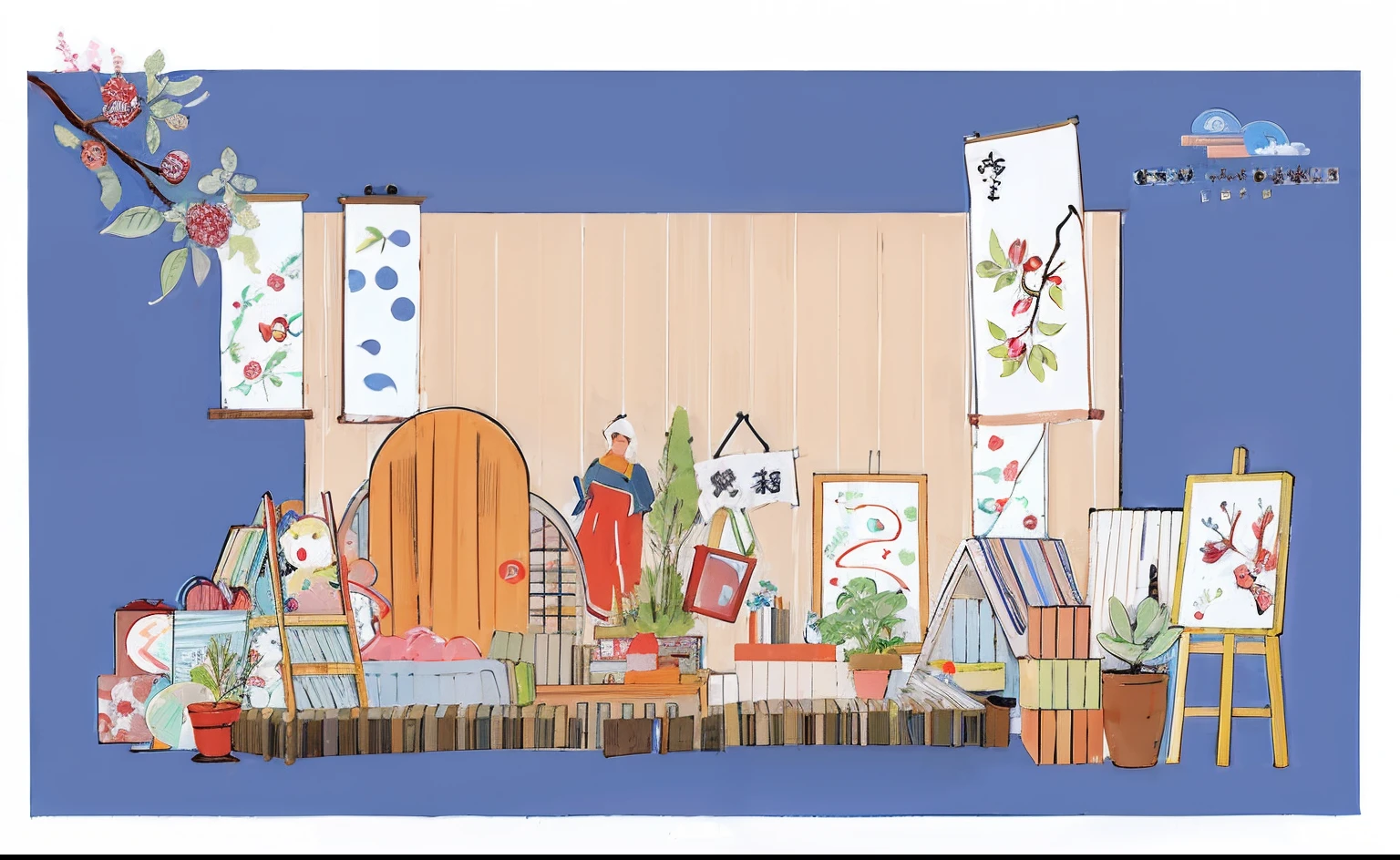 There is a diagram of the room，There is a lot of stuff on the floor, Detailed scenery —width 672, Wide scene, personal room background, interior scenes, style of kanagawa, Japanese cartoon style, in the art style of ukiyo - e, author：Toshiei Nishida, a variety of poses, full device, komono, Japanese style painting