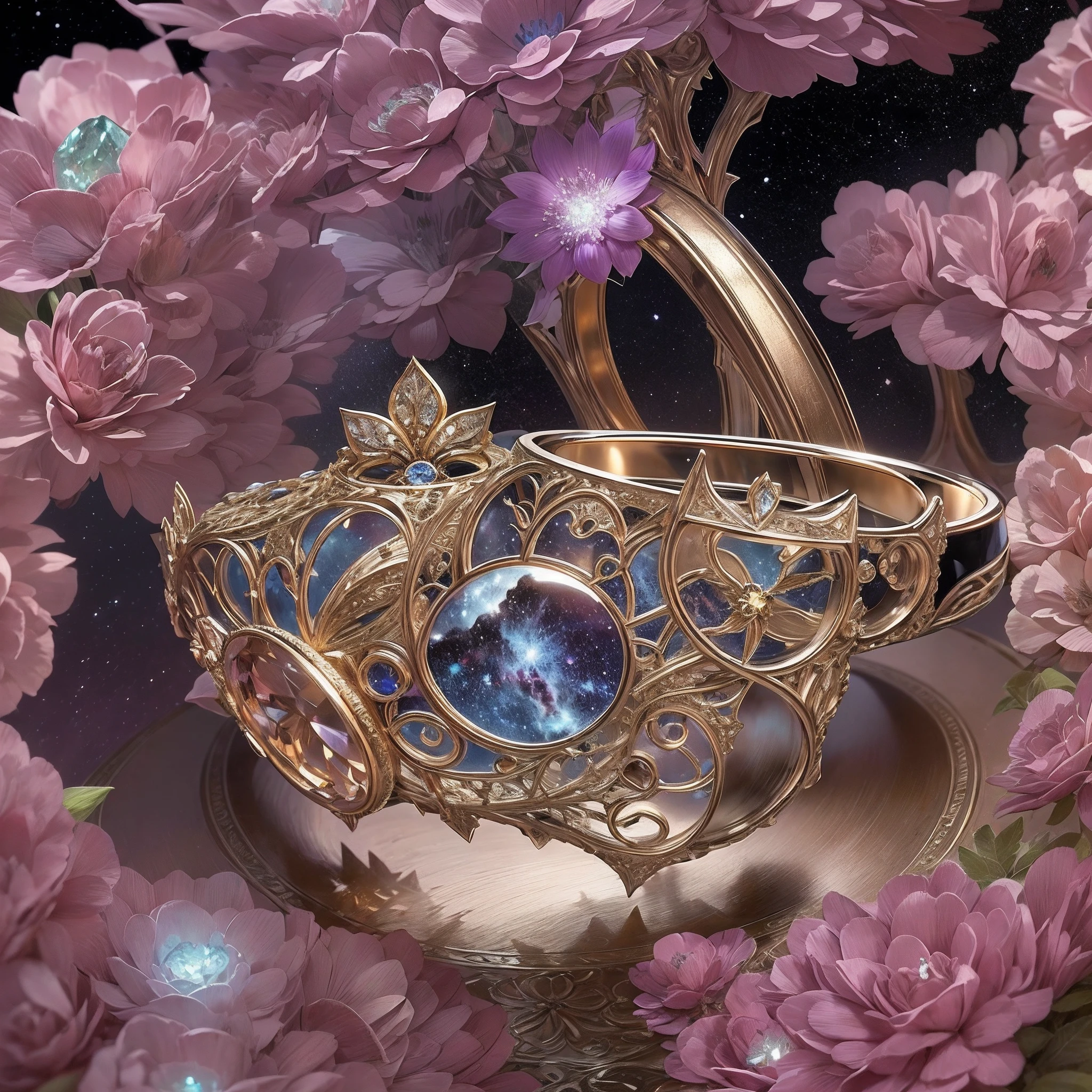 (Couple rings,Couple rings,Two similar rings,Wedding ring art design,Solo:1.2),(Wedding ring art design,glass flowers,Nebula jewelry,Starry Sky Crystal,Abstract pattern ring:1.45),(Intricate,ironwork,Handmade,Romantic engagement rings,Set with a pear-shaped diamond center stone,Set with rose gold band. The ring is edged with diamonds,Add a feminine touch to your designs,The image has a softness, Fantastical Atmosphere,Suitable for use in Facebook engagement ring ads:1.2),Shiny glowing ring,Faucet metal openwork engraving,phoenix head,and flowers,Berlin black iron jewelry in Victorian Gothic style,Elaborate carved diamonds,Gold thread and jade ring,Hollow plant shape metal carving,Fractal geometry,destructured,Streamlined structure,volume light,flashing lights,The dimming effect is obvious,