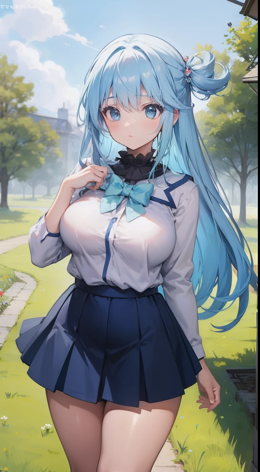 Chubby curvy body, medium-large breast, long light blue hairs, blue eyes, school uniform, Grass field background, Sakura trees