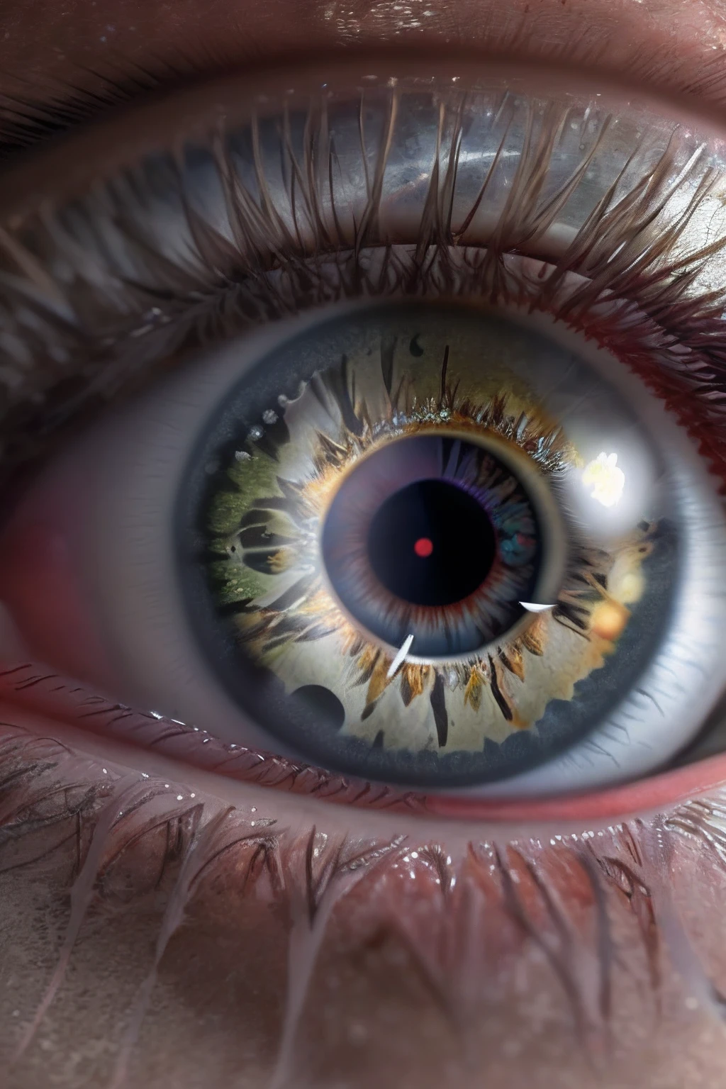 arafed, high details, best quality, 16k, [ultra detailed], masterpiece, best quality, (extremely detailed), dynamic angle, ultra wide shot, RAW, photorealistic, a extreme magnified picture of the human eye, green iris, a full moon, round moon being reflected on the iris, 3D rendering, [[anatomically correct]]