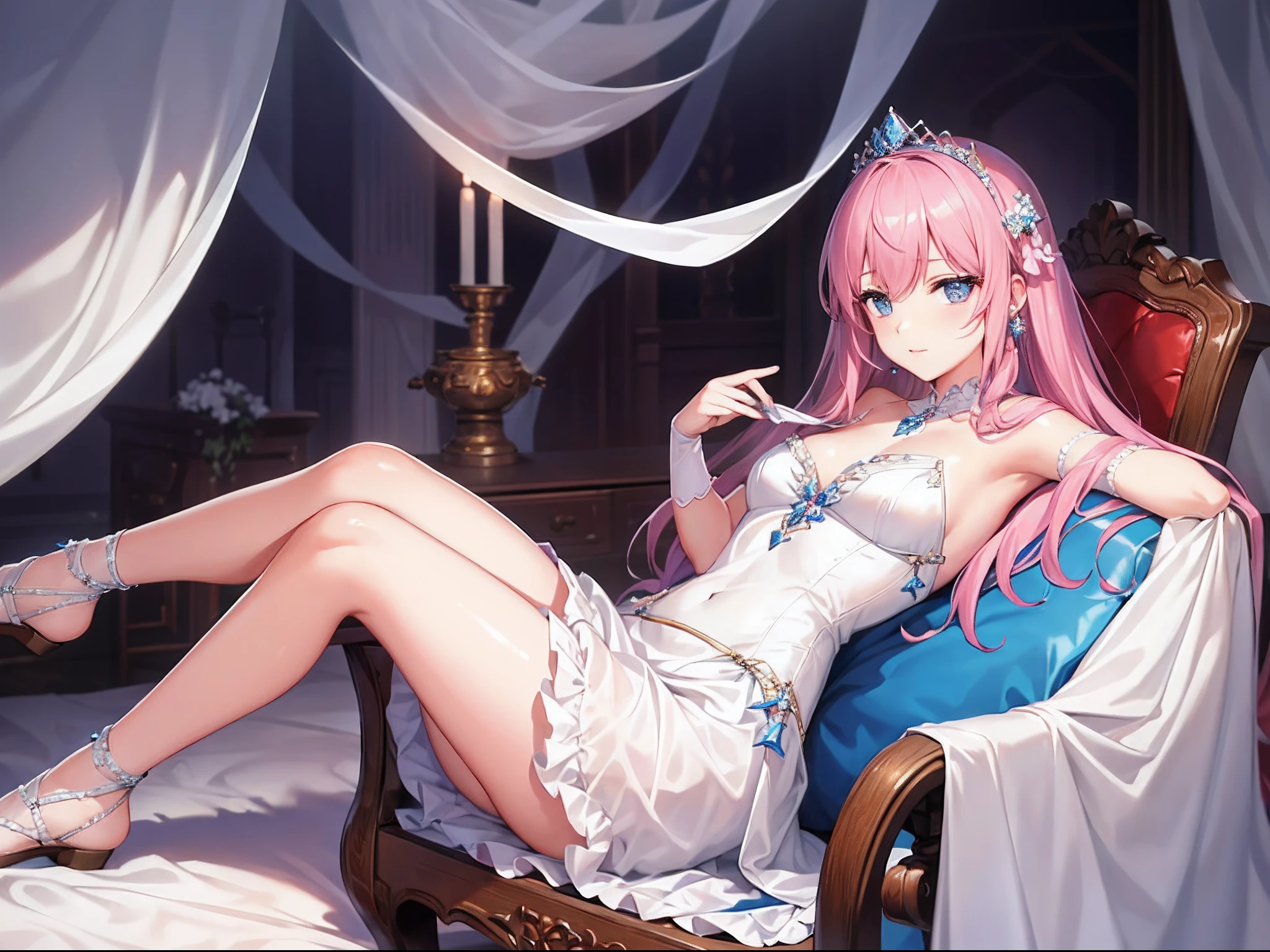 Beautiful and charming princess of a great country,Wear a thin gauze garment,Feminine side recliner on the bed