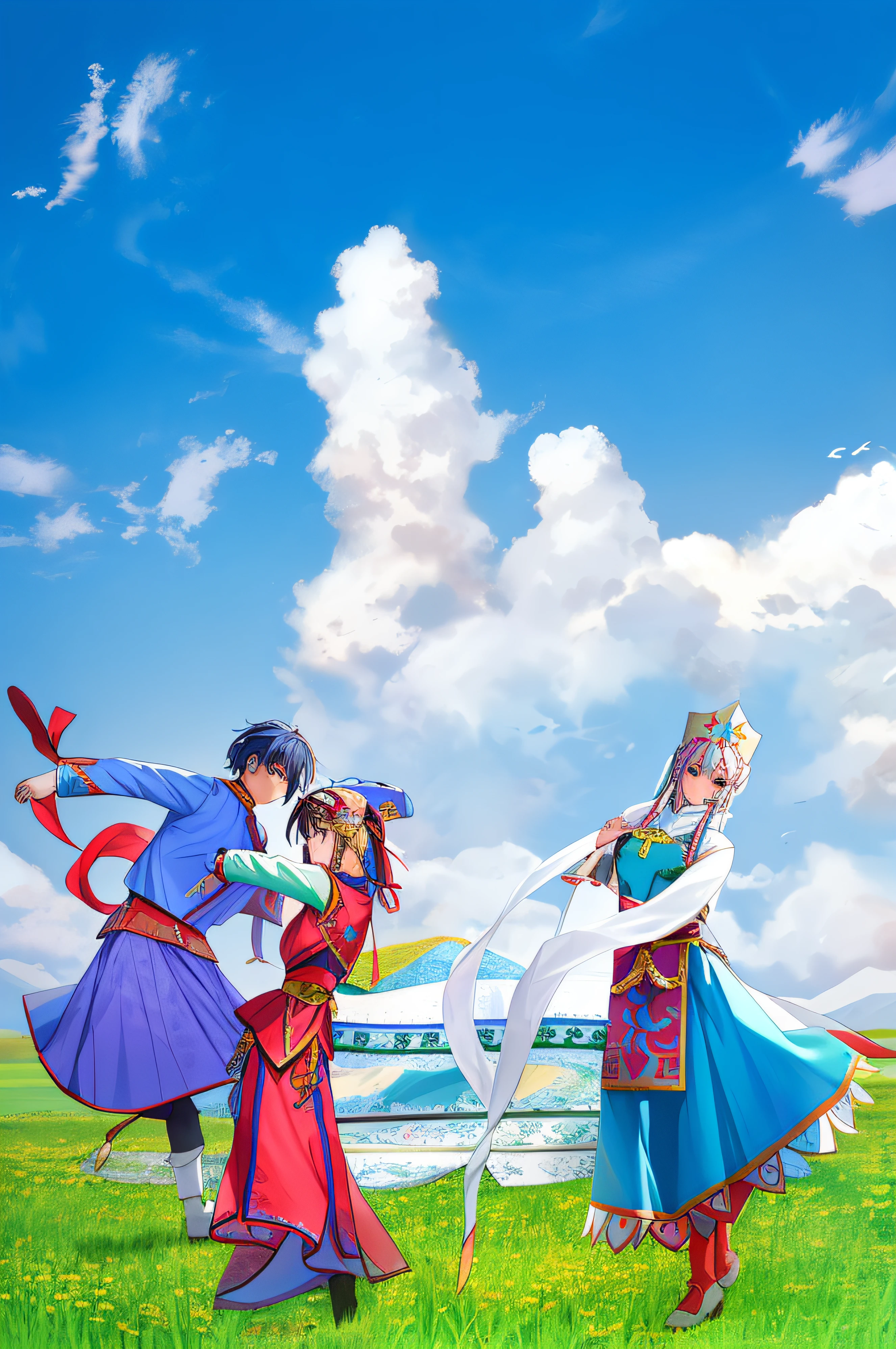 Two people dressed in Mongolian costumes stand dancing in the field, In the steppe, chinese ribbon dance, film Silk Road landscape, lie on white clouds fairyland, yurts , beautiful fine sky, traditionalcostumes, Hrushevka background,Mongolian costume, parody work, Mongolia, dreamland of chinese, art work