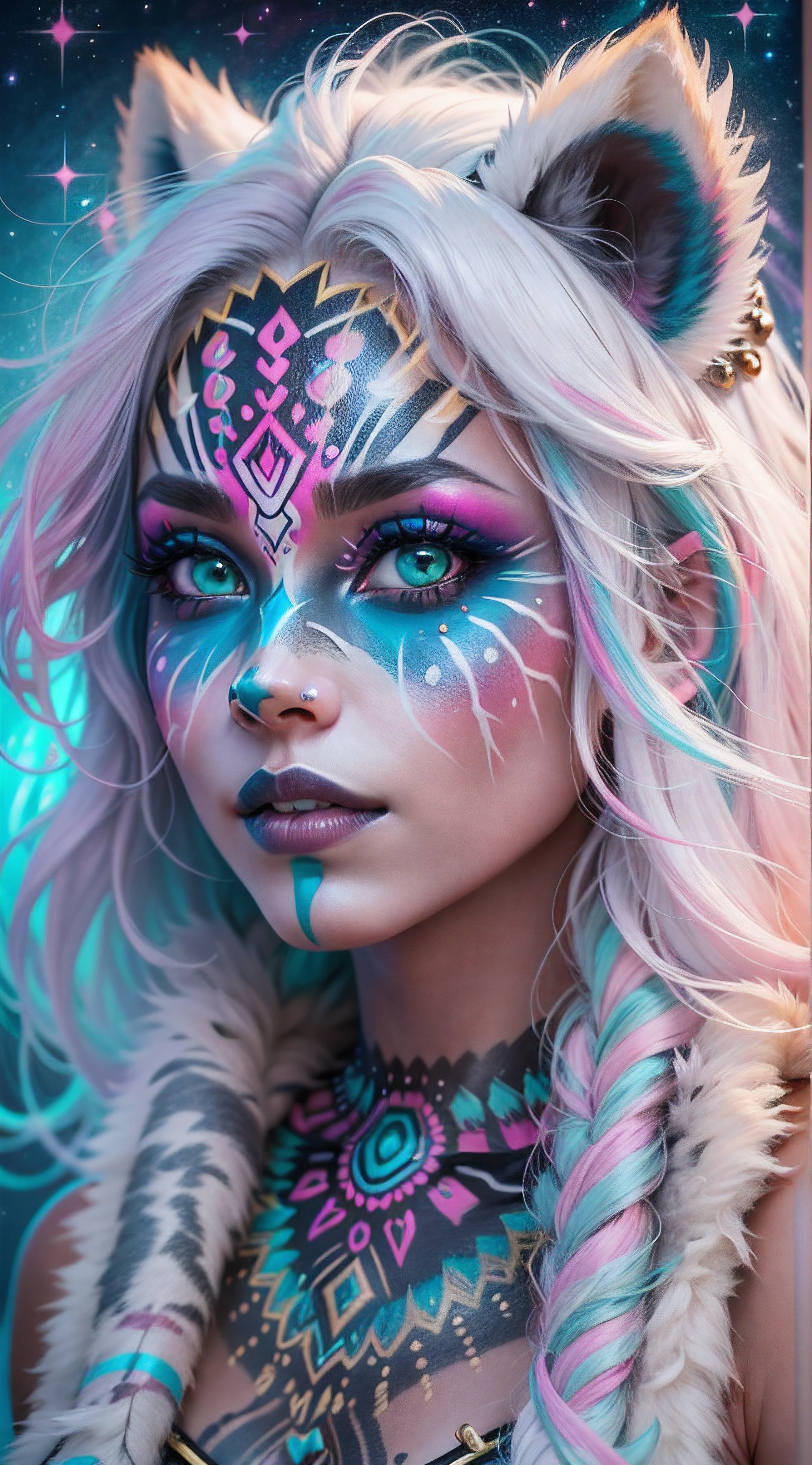 32k, full body view, very beautiful tribal raccoon girl with excessive intricately detailed vivdly colorful facepaint bodypaint makeup, stunning radiant teal eyes, gorgeous white hair with pink highlights, magical night sky background