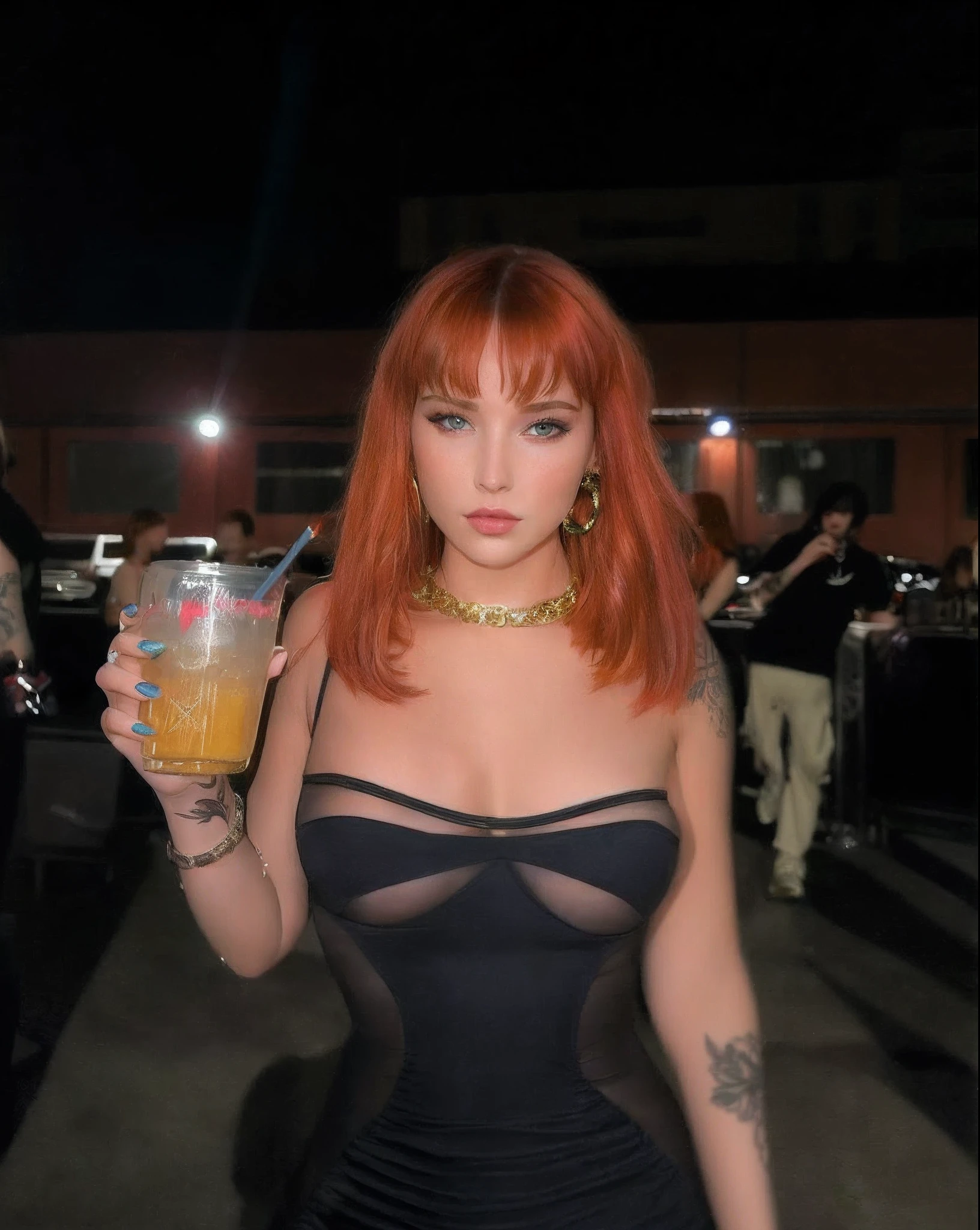 Araffe woman in a black dress with a drink, Beautiful Thorne, Madison Beer als Leeloo, redhead girl, with a drink, Dascha Taran, Durchsichtiges Kleid, Leeloo Outfit, Stundenglas ⌛️, in einem schwarzen Betch-BH, enges Kleid, Anna Nikonova alias Newmilky, roter Kopf, enges Outfit, tattoos, braune Augen, Sweet face, hundeblick