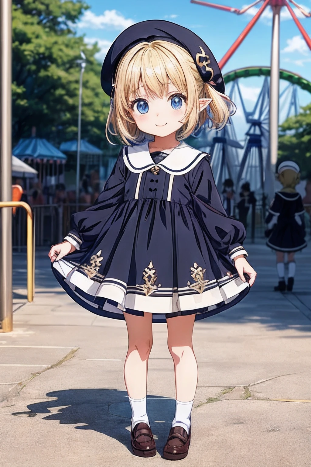 (In the style of cygames:1),solo, (Full body),standing,((masterpiece, best quality, detailed)),(child:1.4),(cute anime girl:1.5),(flipped short hair),(tsurime:1.4), (blue eyes),pointed ears,(blonde),(smile:1),(girly dress:1.3),(beret),socks,(amusement park:1.4)