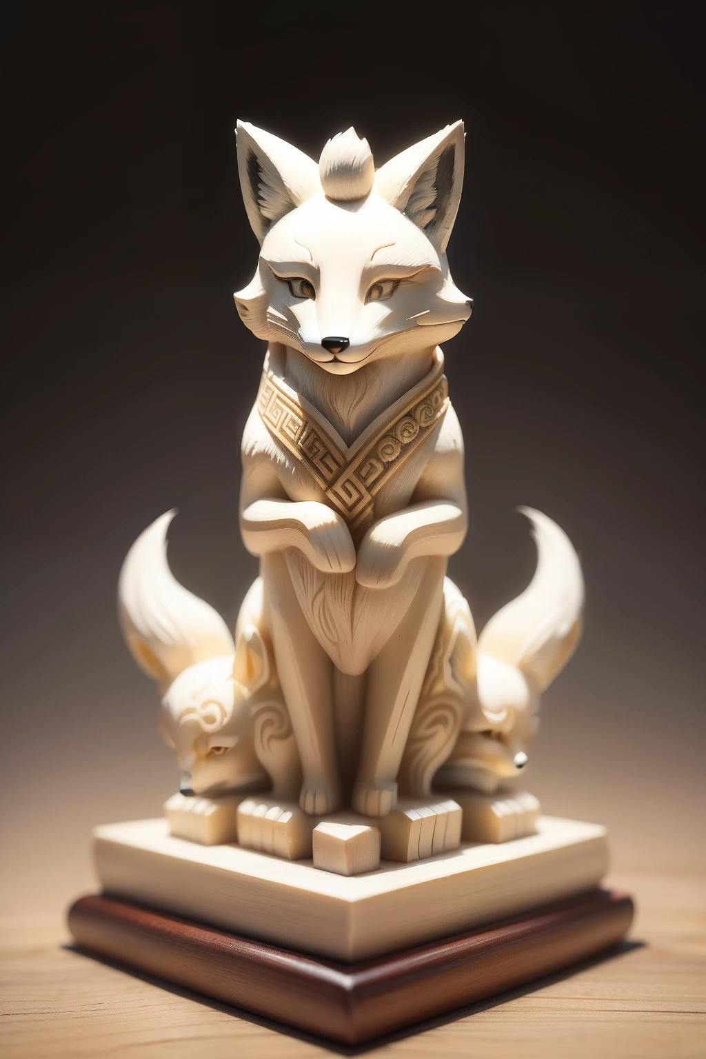 On the branches are fox carving art, stylised fox - like appearance, carved ivory, ivory carving, Chinese retro totem statue