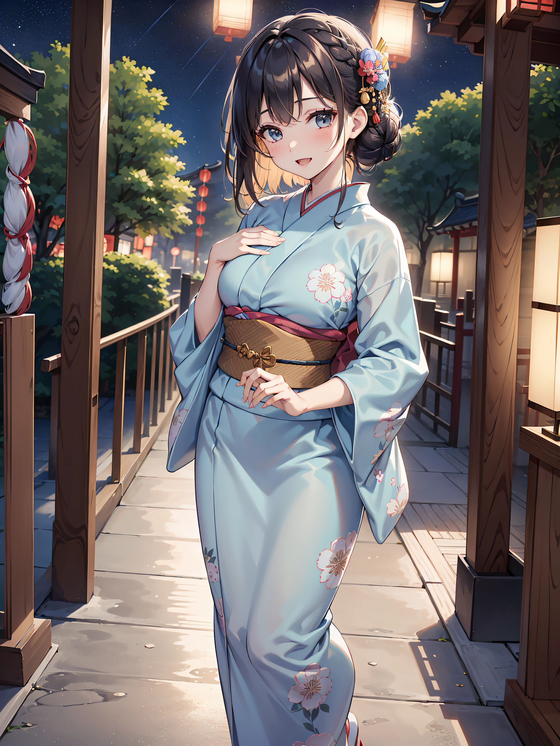 (Best quality, 8k, 32k, Masterpiece, UHD:1.2), (realistic:1.5), (masterpiece, Extremely detailed CG unity 8k wallpaper, best quality, highres:1.2), (ultra detailed, UHD:1.2), (full body:1.3), (anime style illustration:1.3), (seductive anime waifu:1.3), (ultra-detailed:1.3), (hyper-sharp:1.3), (insanely detailed:1.3),
BREAK,
(1girl:1.3, solo), (Japanese milf:1.3), adult, single braid hair style, mahogany hair, attractive look, (Korean actress face:1.3), (Japanese idol face:1.3), pretty face, cute,
BREAK,
(wearing a yukata outfit:1.3), (light blue yukata outfit:1.3), (colorful floral pirnted Yukata outfit:1.3), (kimono outfit:1.3), (detailed outfit:1.3),
BREAK,
(night river side under starry sky background, blurry background:1.25, simple background), (summer festival background, at night, under starry sky:1.3),
(detailed background:1.3), outdoor, cinematic light, cute, happy, seductive smile, :d, ;p, attractive emotion, BREAK, best ratio four finger and one thumb, perfect anatomy, perfect proportion,