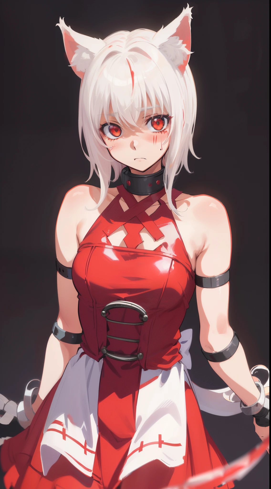 (((em))), em (arknights), Horns, looking a viewer, exteriors, pectorals, red eyes, Smile, gray hairs, building, skye, mini skirt, open mouth, Cloud, red nails, Average Breasts,, cloudy sky, red sky, horns demon, Ruins, nail polish, Bangs, ahoge, multi-colored hair, upper-body, perfect anatomy, arms out of frame, Hands Behind Your Back, naked ass, intimate state