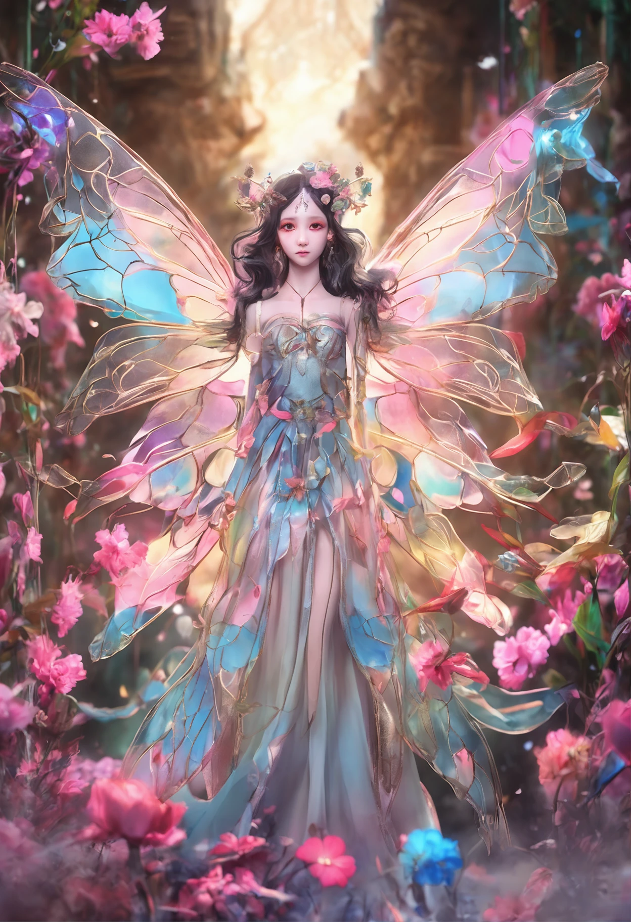 Flower Fairy, Transparent and colorful wings, magic wands,china style,8K,Lightmature style,The eyes are depressive,Anatomical details