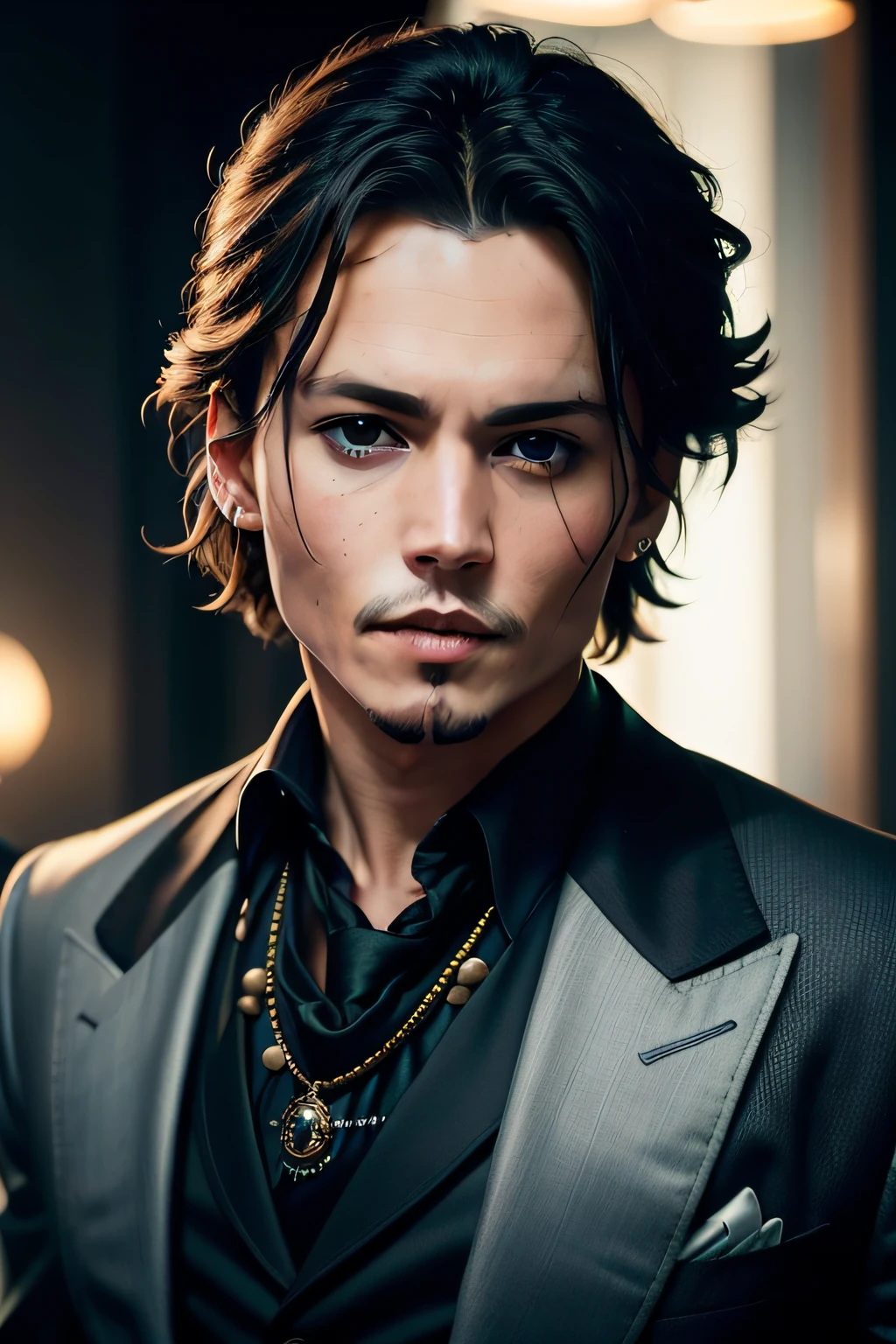 Young Johnny Depp in a suit, Cool guy with cheerful look、Vittoria Ceretti, upperbody shot, Front-facing、Tim Burton Style, Dim, Shadowgraphy, unreal enginee 5, Cinematic, colour grading, a portrait photo of, ultra wide-angle, depth of fields, ultra-detailliert, beautifully color-coded, Insane details, Intricate details, Beautifully color graded, Solid background color、Unreal Engine, Cinematic , colour grading, Editorial Photography , Photography, Photo Shot, Shot on 70mm lens, depth of fields, degrees of freedom, Tilt Blur, Shutter Speed 1/1000,