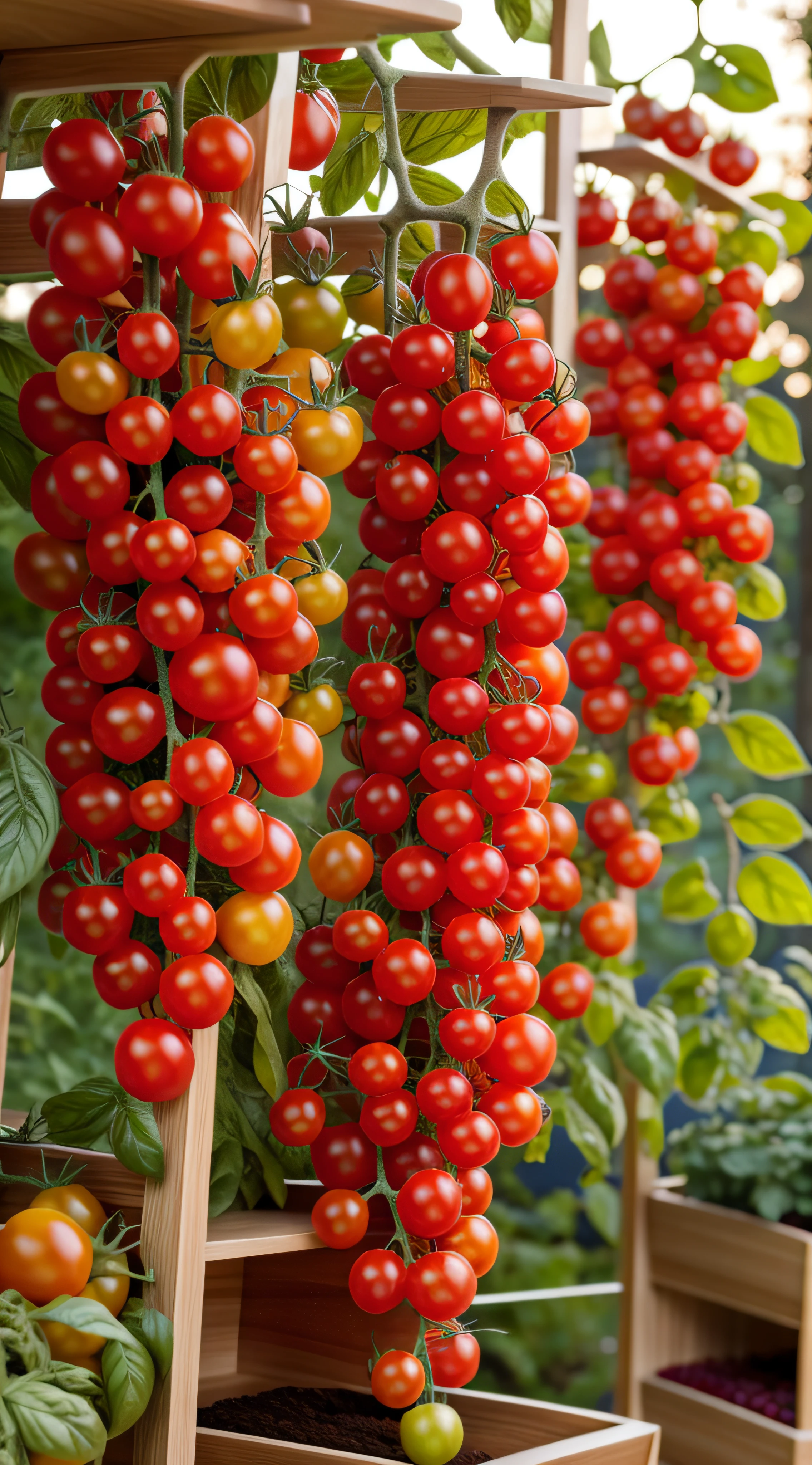 Wooden shelf,Lots of tomatoes,vegetable plot,crystal-clear,Gemstone luster,leafs
