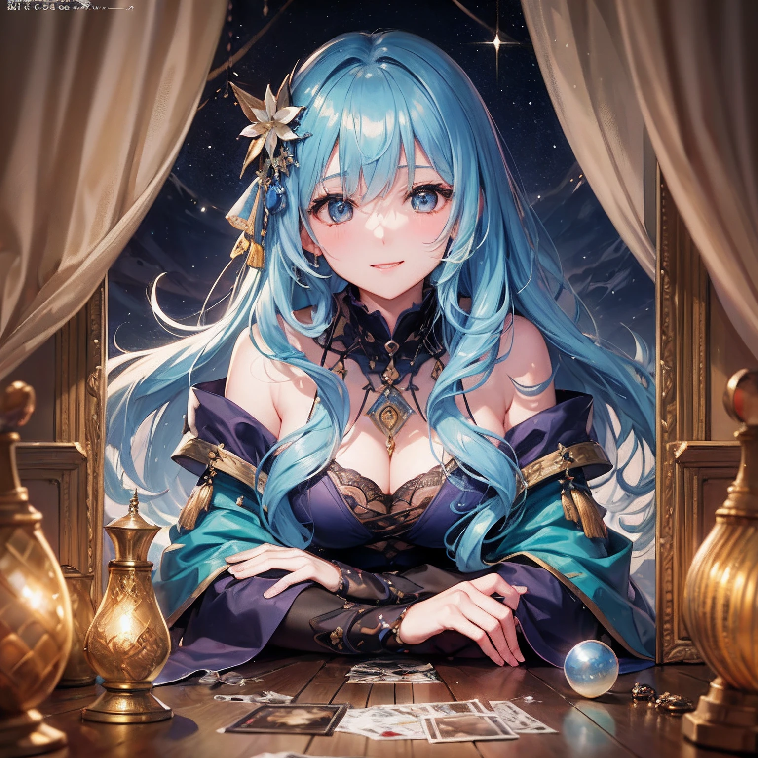 (​masterpiece、top-quality、top-quality、Official art、Beautifully Aesthetic:1.2)、(1 girl in:1.3)、wavy and long hair、lightblue hair、Lustrous hair、open smile、very detailed portrait、looking at the viewers、独奏、(full body Esbian:0.6)、In-depth background、a closeup、radiant eyes、(Cold Arctic Winter theme:1.1)、fortune teller、Mountain division、Opens mouth and laughs、myterious、sitting on table、Colorful shoulderless loose gypsy fortune teller clothes、grail、 Tarot cards on the floor、Crystal ball on the floor、renaissance(interior of a tent:1.1)Background with、Tent curtain on background、Dark mystical lighting、shadowy、Magical atmosphere、Starry Night、Dutch Angle、Healing and Guidance、Wakawe、wakame、