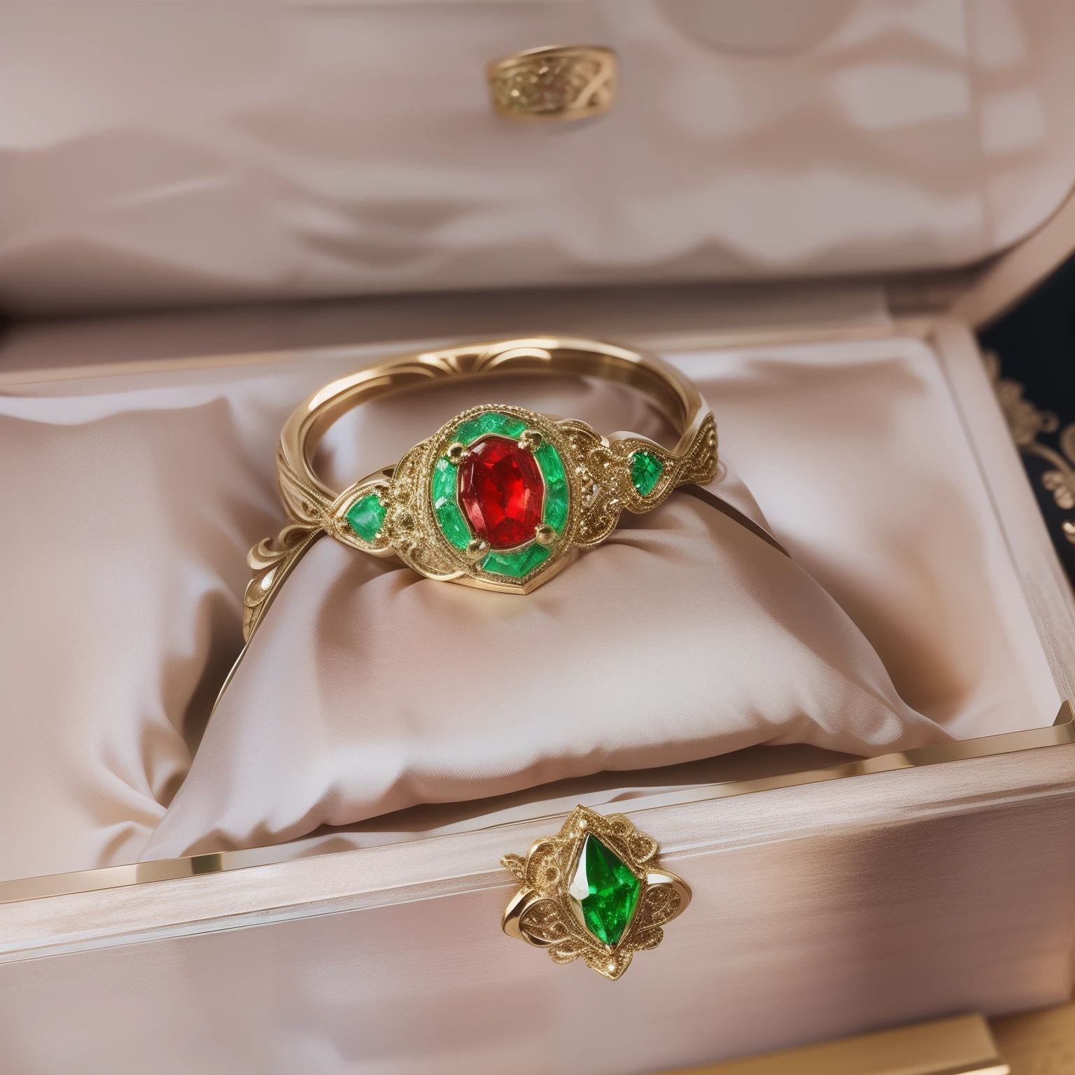 Red velvet jewelry box,Inside is an emerald model ring
