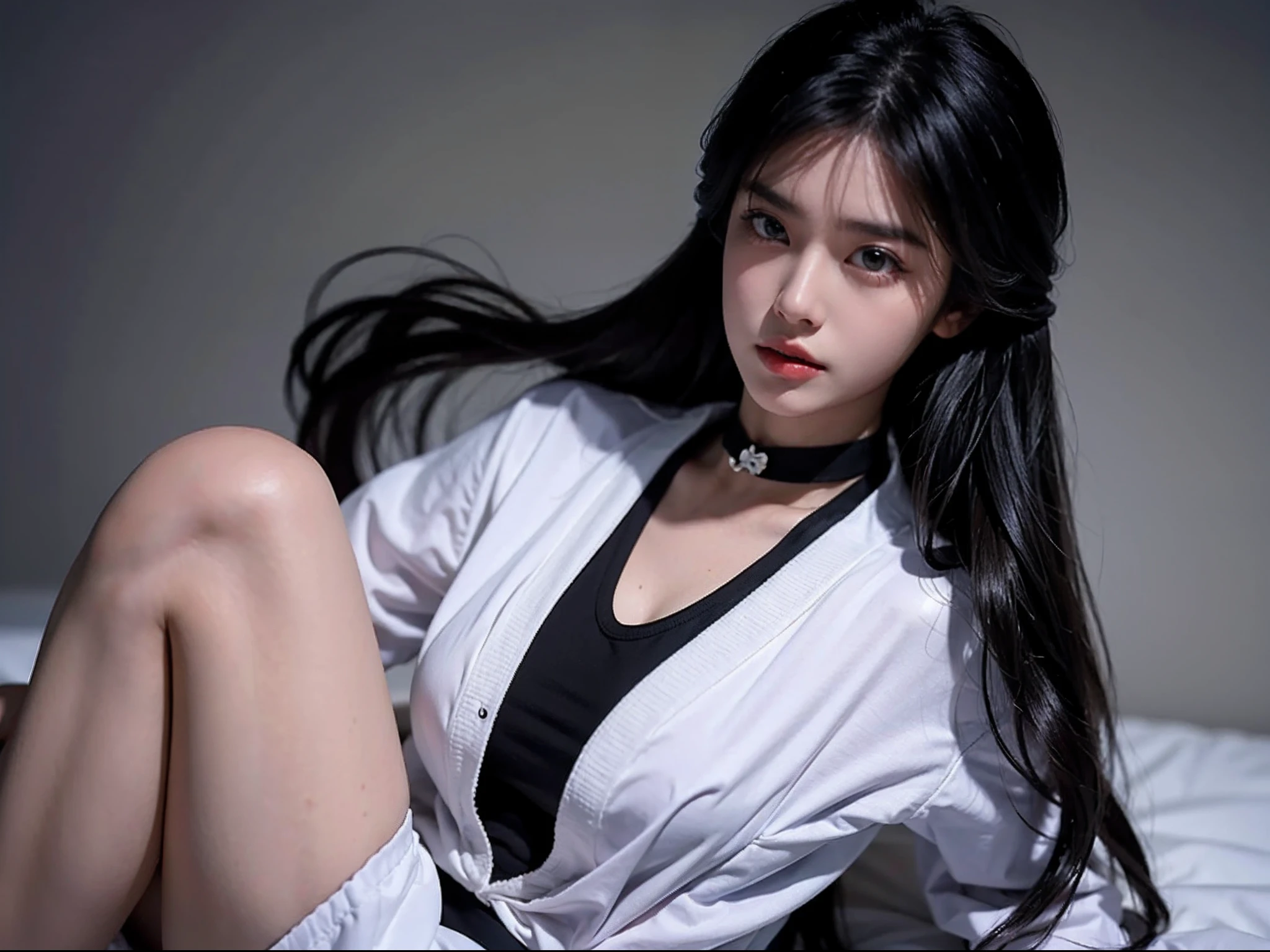 1girl, 175cm,korean model, 23 years old,soft body, black hair, wavy hair,whole body,tied hair,hair tied up, hair reaches waist, black choker,taekwondo uniform , taekwondo suit,half undressed,close-up, 8k, RAW photo, best quality, masterpiece,realistic, photo-realistic,seductive,((performing butterfly kick))