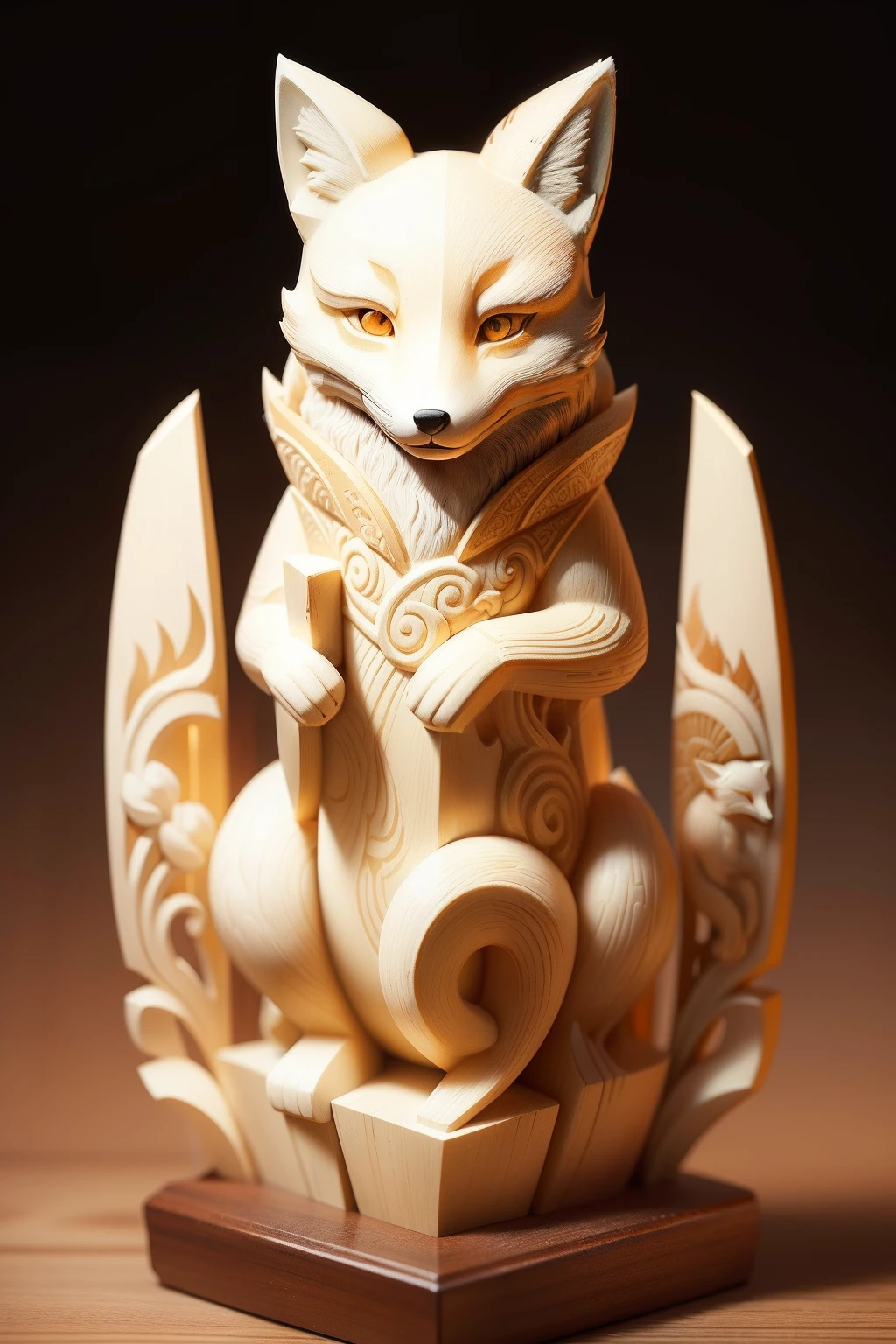 On the branches are fox carving art, stylised fox - like appearance, carved ivory, ivory carving, Chinese retro totem statue,Humanized style