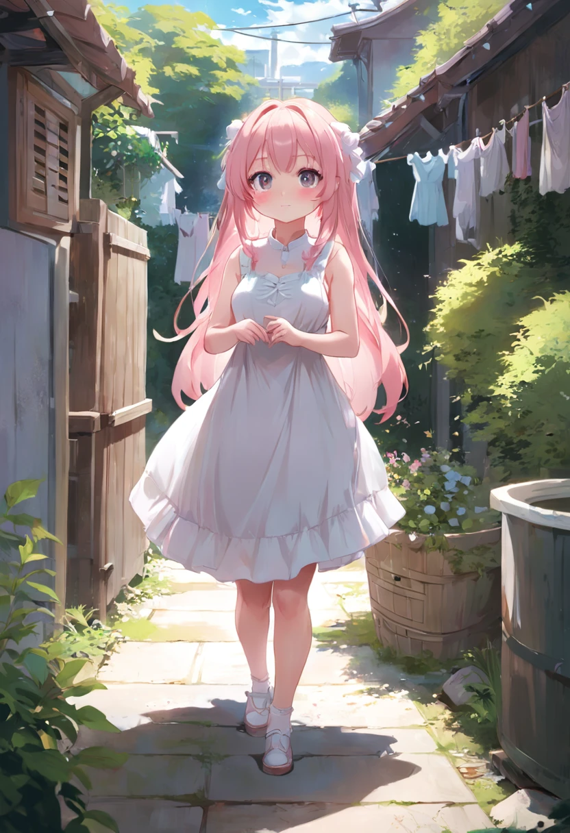 Cat-eared girl in white dress standing in garden, Break,Pink Long Hair,eBlue eyes,(((Sleeveless))),Hang laundry to dry,Holding a laundry basket with clothes,loli in dress, small curvaceous loli, Guviz-style artwork, Guweiz in Pixiv ArtStation, Guweiz on ArtStation Pixiv, Guviz, small li girl, Soft anime illustration, Anime visuals of cute girls, Detailed digital anime art