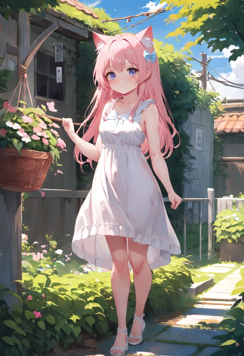 Cat-eared girl in white dress standing in garden, Break,Pink Long Hair,eBlue eyes,(((Sleeveless))),Hang laundry to dry,Holding a laundry basket with clothes,loli in dress, small curvaceous loli, Guviz-style artwork, Guweiz in Pixiv ArtStation, Guweiz on ArtStation Pixiv, Guviz, small loli girl, Soft anime illustration, Anime visuals of cute girls, Detailed digital anime art