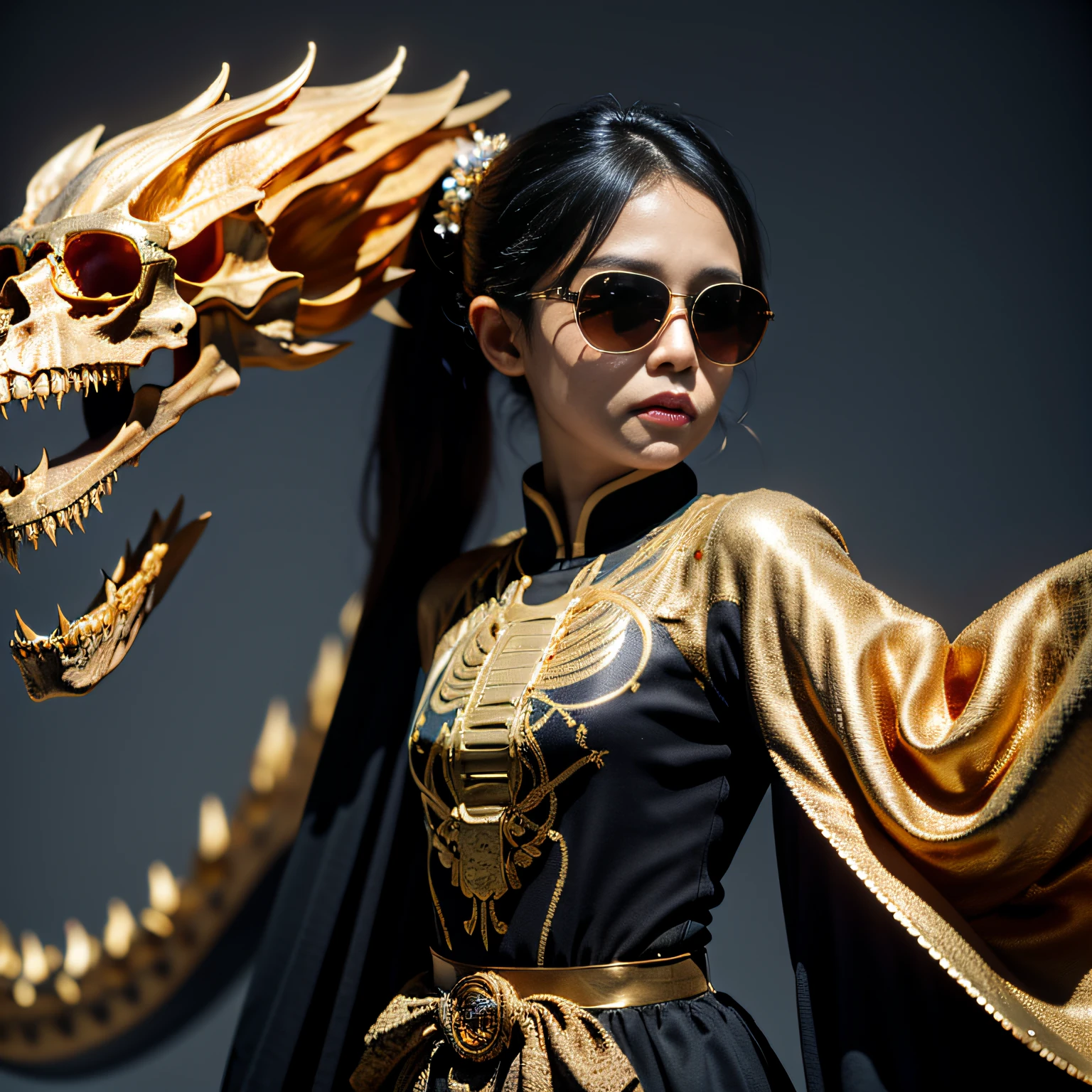 Crocodile pond,32K(tmasterpiece,k hd,hyper HD,32K)Burgundy double ponytail,flower stick,Indigo Skull King ,Hold the heavy wooden steering wheel (The skeleton is realistic:1.4),Crocodile pattern robe,Rusty skull ornaments,Sargin linen cloak,Petals flutter,Deep gold sunglasses,Hold your head high,Be proud,The nostrils look at people,A primary and secondary school student, A high resolution,Xueba, the detail, RAW photogr, Sharp Re, Nikon D850 Film Stock Photo by Jefferies Lee 4 Kodak Portra 400 Camera F1.6 shots, Rich colors, ultra-realistic vivid textures, Dramatic lighting, Unreal Engine Art Station Trend, cinestir 800,Hold your head high,Lateral face,Be proud,The nostrils look at people,Tsundere,Petals flutter,Petals flutter,Crocodiles sprinkled with gold dust,Fluttering,Impeccable,( reasonable design, Clear lines, High sharpness,Best quality, Very detailed skeleton, The skeleton of a masterpiece, offcial art, movie light effect, 8K crocodile skeleton(((Platinum marble sunglasses)))Deep gold sunglasses,side portrait