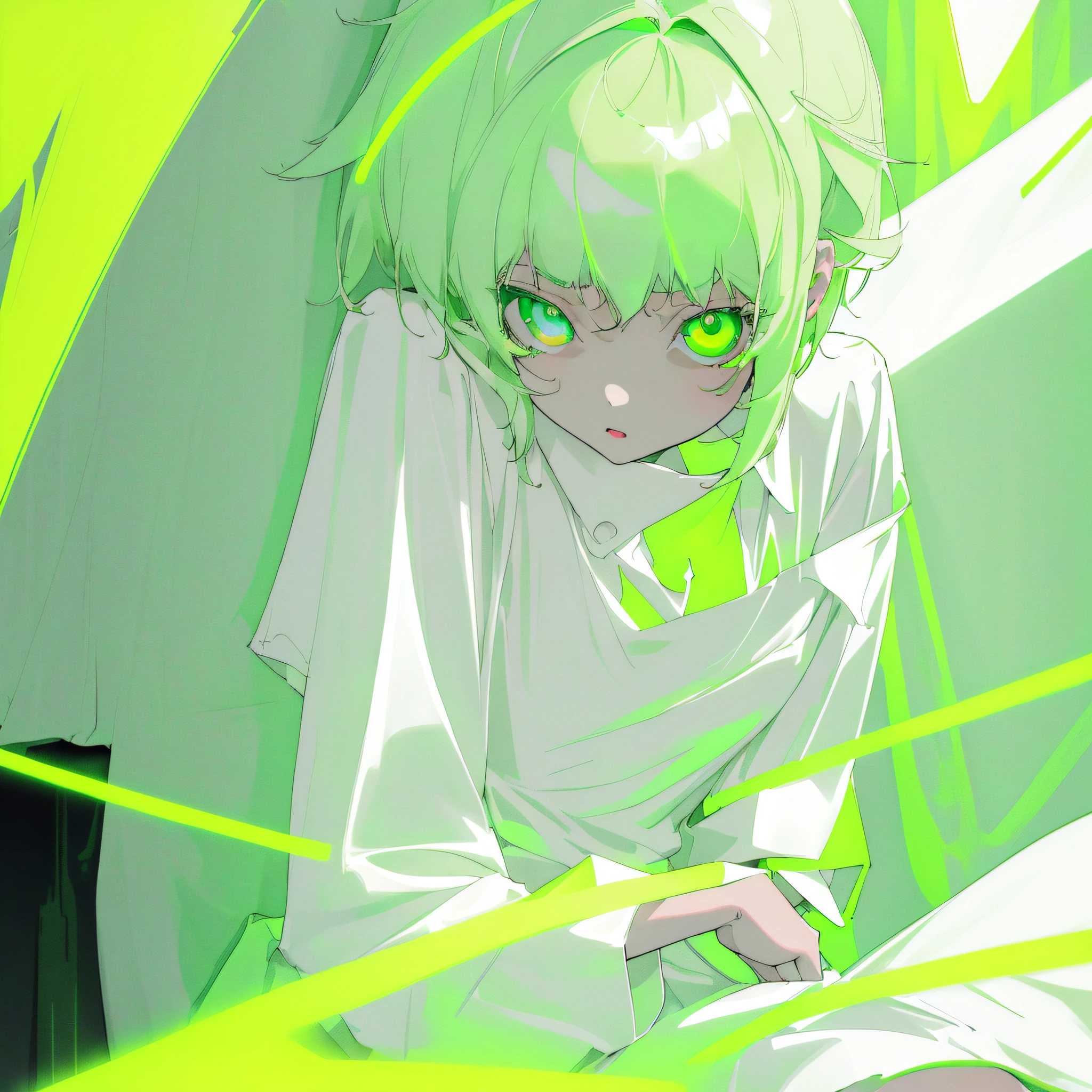 ​masterpiece, top quality, highest resolution, 1girl in 8years old, (white oversized shirt:1.3), (pale green hair with a lot of fluorescent colors), (delicate fluorescent green eyes:1.4), (a corner of a dark room), (fullnude:1.0), (highcontrast:1.1)