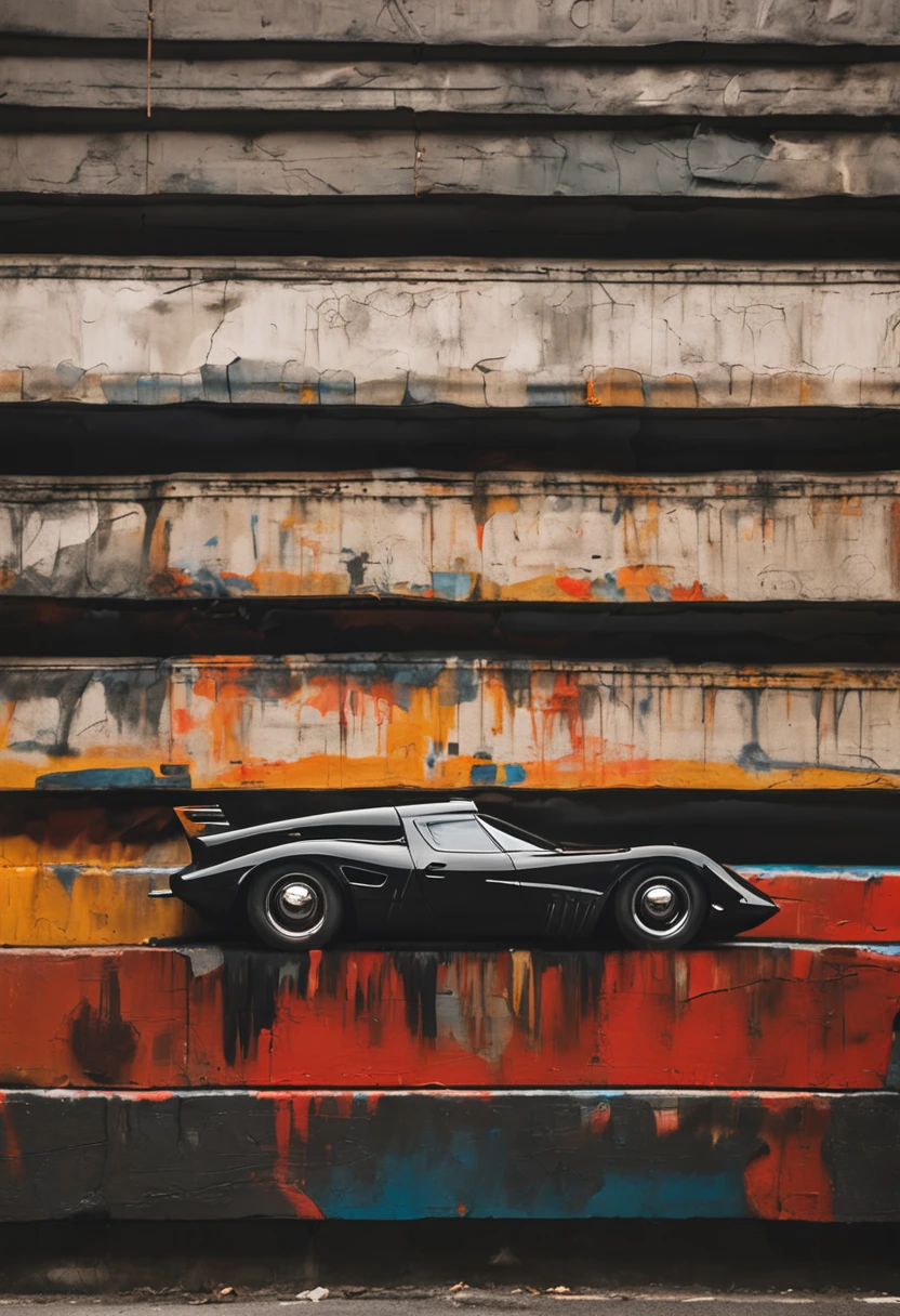 Wide-angle Banksy-inspired street art portrait, (Gotham City Garage) (Tesla Batmobile) tesla {{{batmobile}}}, A marvel of engineering and design, Marry fashion, The futuristic aesthetic of Tesla's design spirit with the menacing and formidable characters of Batman's ride. Deep deck, Obsidian black luster,It seems to be drinking the light around him, Cars exude silent power, It was as if the air around it was full of primordial potential. Its silhouette and lines are aggressive and elegant, Predators ready to pounce, In stark contrast to the filthy people, Urban expansion of Gotham City garages.