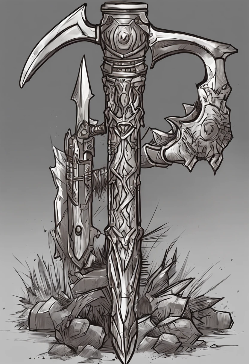 a close up of a metal axe with spikes on it, concept art by Alexander Fedosav, reddit, conceptual art, warcraft blizzard weapon art, fantasy rpg weapon art, war blade weapon, fantasy weapon, epic fantasy weapon art, of spiked gears of war skulls, battleaxe, hammer weapon, rpg item, battle axe, dual wielding axes, rpg game item