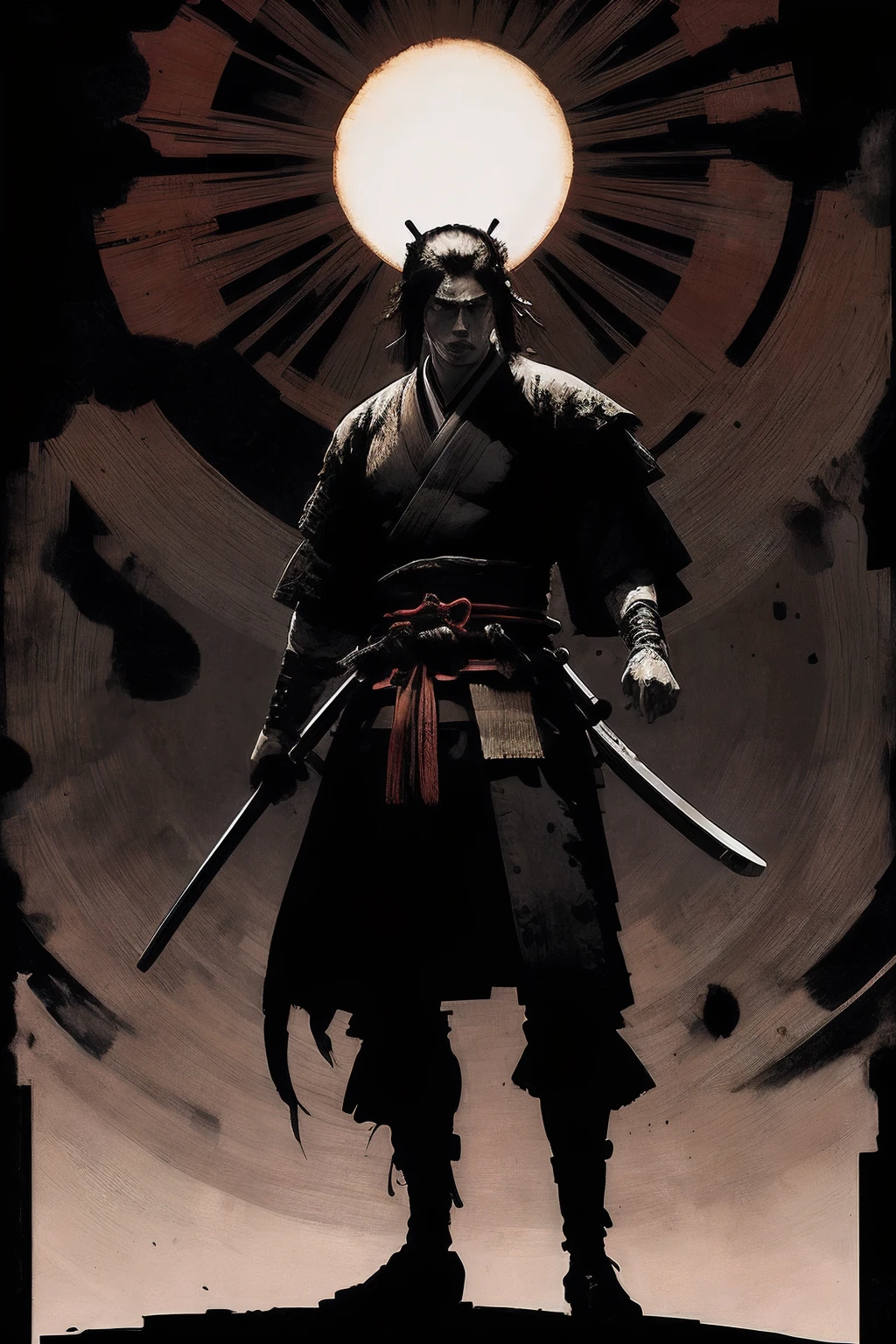 (style of ashley wood), Samurai, sword, battle mode, sun rings background
