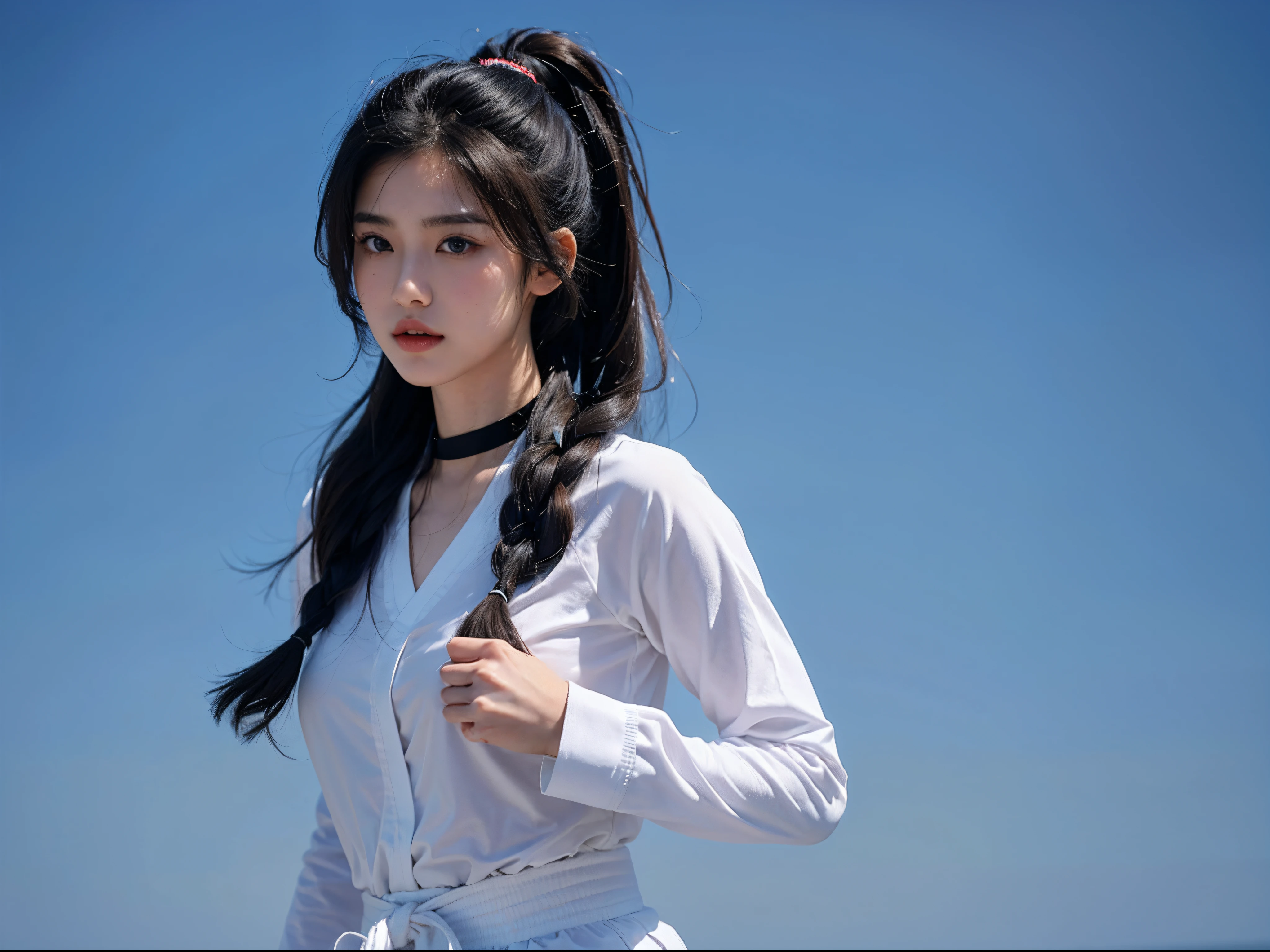 1girl, 175cm,korean model, 23 years old,soft body, black hair, wavy hair,whole body,tied hair,hair tied up, hair reaches waist, black choker,taekwondo uniform , taekwondo suit,half undressed,close-up, 8k, RAW photo, best quality, masterpiece,realistic, photo-realistic,seductive,((performing butterfly kick))