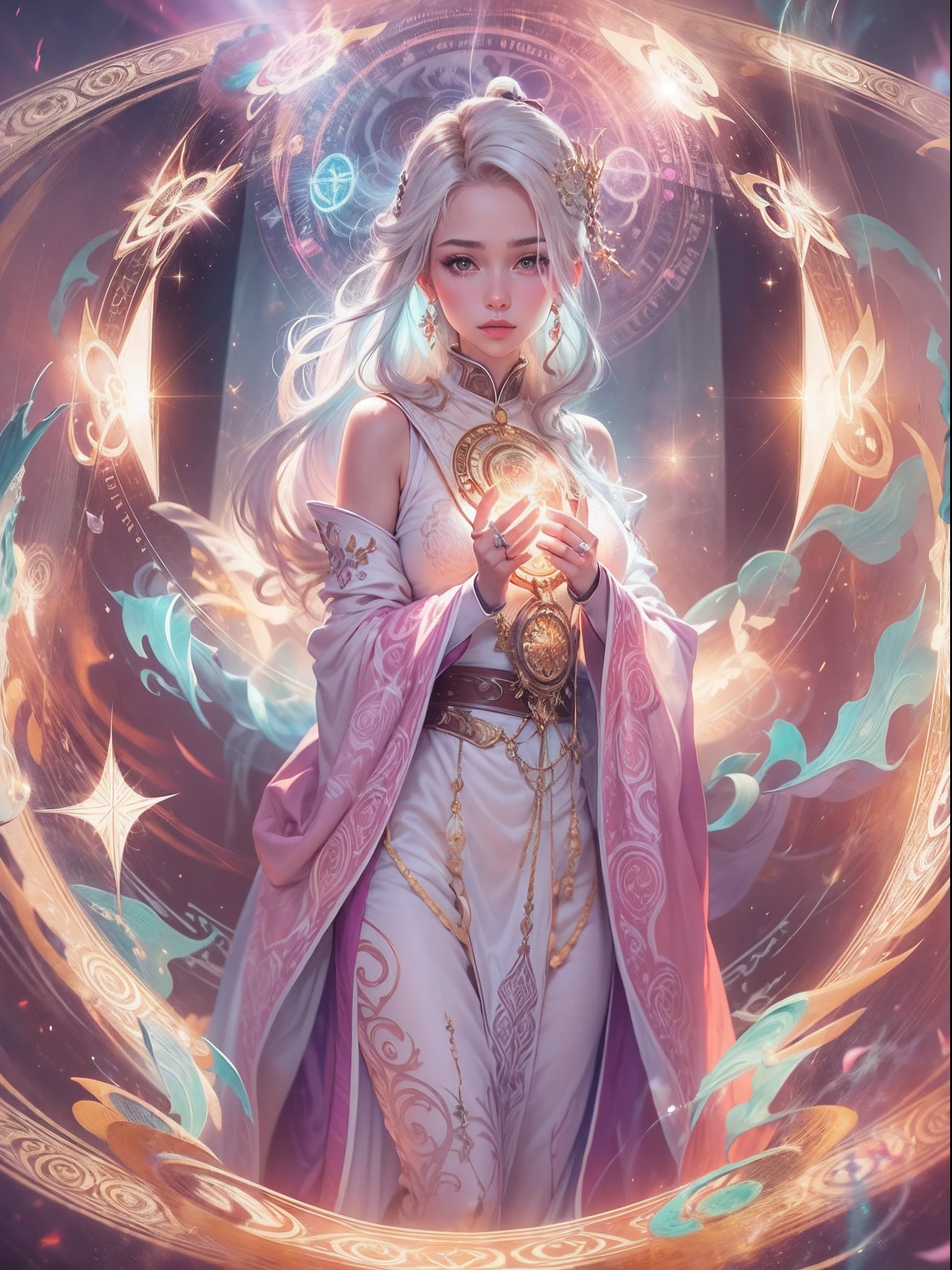 Magic circle, ring lights, magic ring, beautiful girl, light hair, magic robe, (masterpiece:1.3), (vibrant:1.2), (flawless art:1.2)