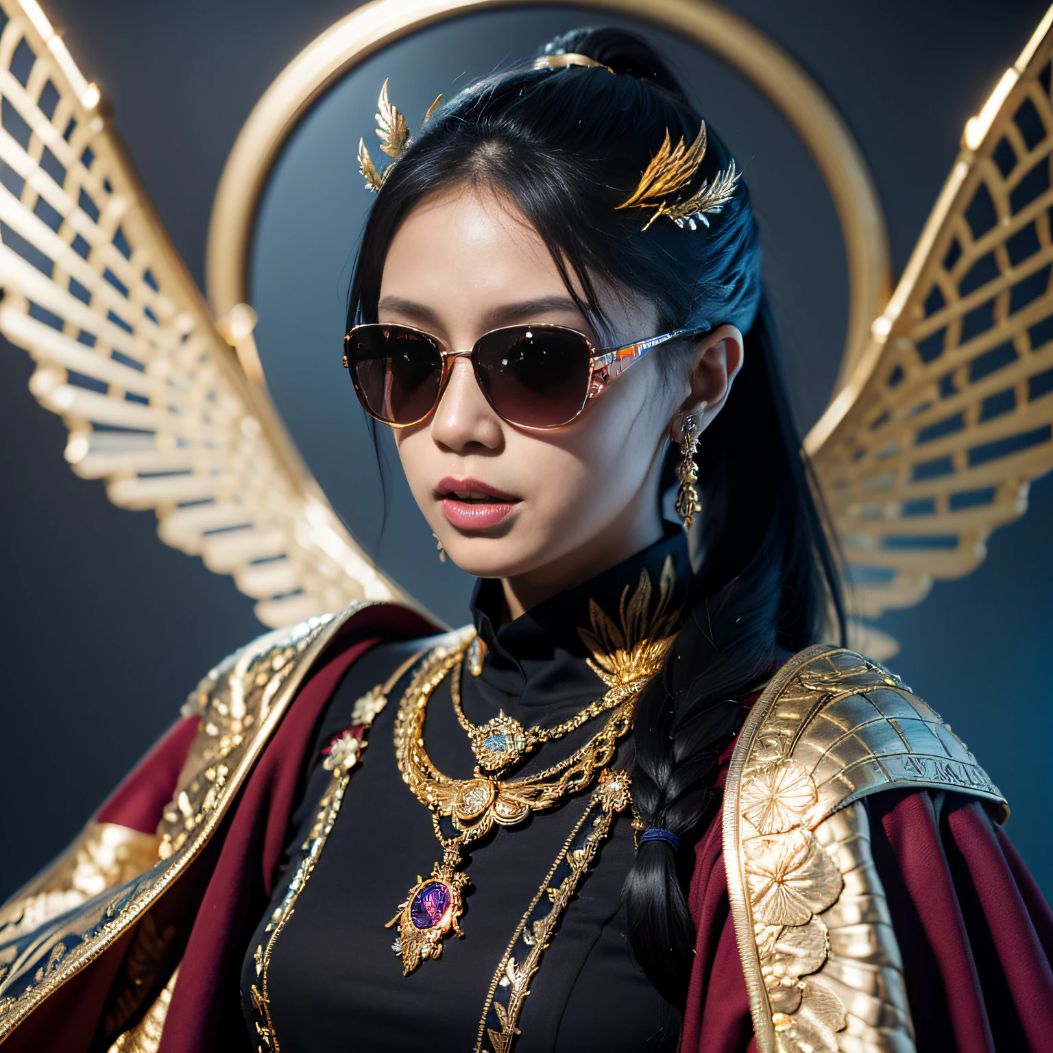 Mackerel pond,32K(tmasterpiece,k hd,hyper HD,32K)Burgundy double ponytail,flower stick,Indigo Skull King ,Hold the heavy wooden steering wheel (The skeleton is realistic:1.4),Crocodile pattern robe,Rusty skull ornaments,Sargin linen cloak,Petals flutter,Deep gold sunglasses,Hold your head high,Be proud,The nostrils look at people,A and secondah resolution,Xueba, the detail, RAW photogr, Sharp Re, Nikon D850 Film Stock Photo by Jefferies Lee 4 Kodak Portra 400 Camera F1.6 shots, Rich colors, ultra-realistic vivid textures, Dramatic lighting, Unreal Engine Art Station Trend, cinestir 800,Hold your head high,Lateral face,Be proud,The nostrils look at people,Tsundere,Petals flutter,Petals flutter,Crocodiles sprinkled with gold dust,Fluttering,Impeccable,( reasonable design, Clear lines, High sharpness,Best quality, Very detailed skeleton, The skeleton of a masterpiece, offcial art, movie light effect, 8K crocodile skeleton(((Platinum marble sunglasses)))Deep gold sunglasses,side portrait