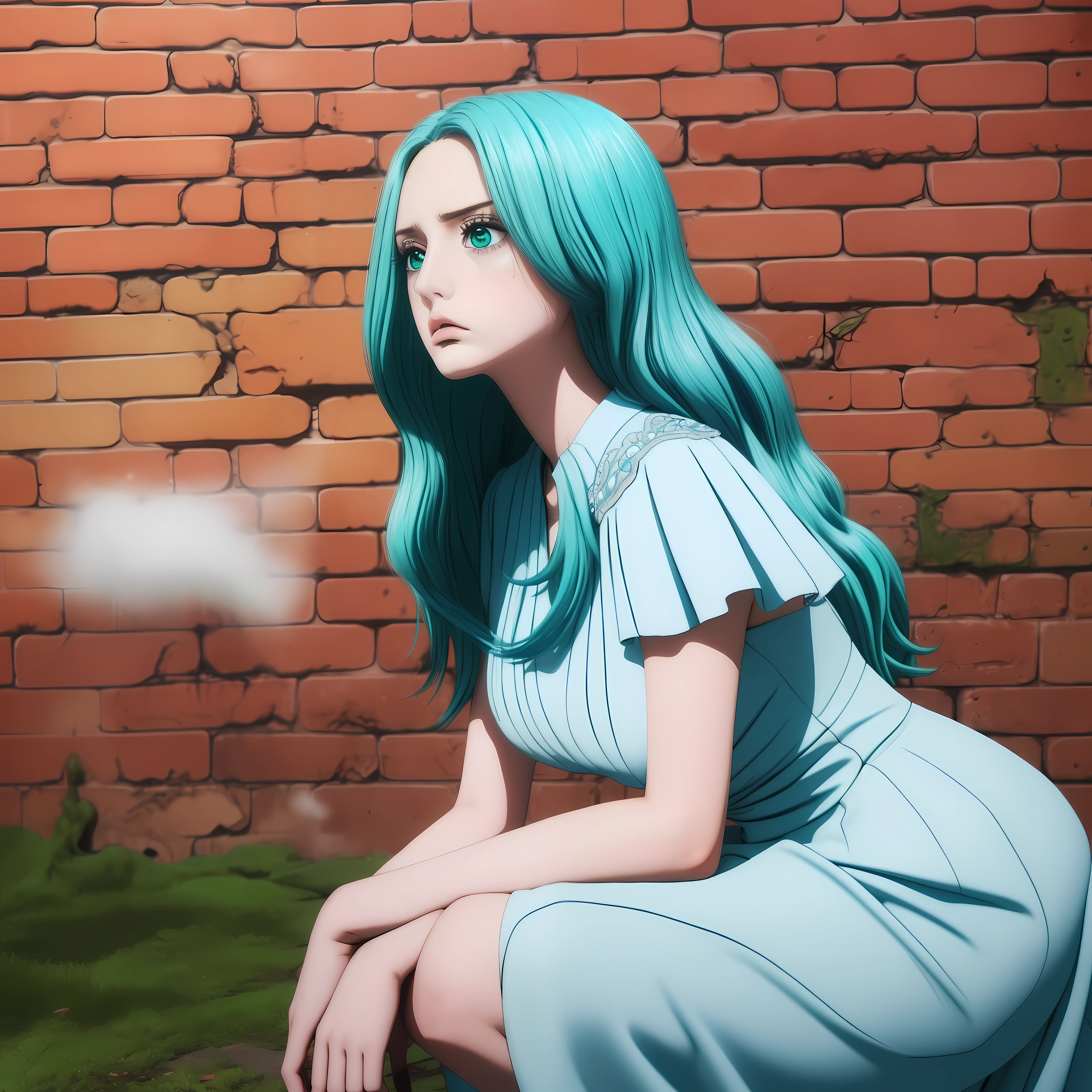 long blue hair, dusty blue bridesmade dress, massive bust, sad, seafoam-green eyes, crouched down, looking away, far angle, beautiful, mossy aged brick wall background, shaded area, young