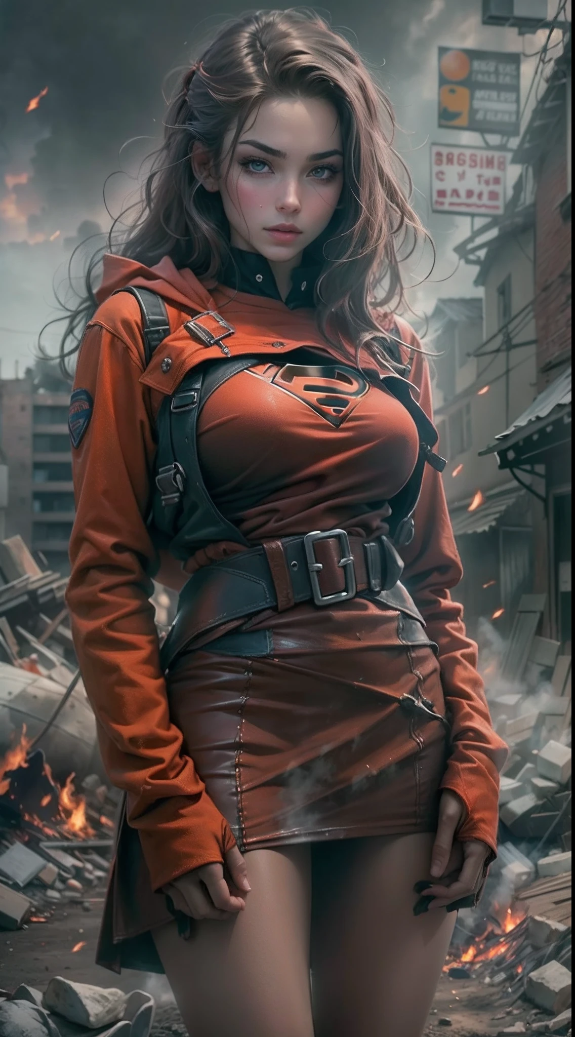 motor irreal:1.4,CG ultra realista 64K, fotorrealista:1.4, textura de la piel:1.4, obra maestra:1.4,posing behind Beautiful woman in a Supergirls costume standing in front of a fire apocalyptic city, mostrando vientre plano,red miniskirt, ,beautiful fine hands,