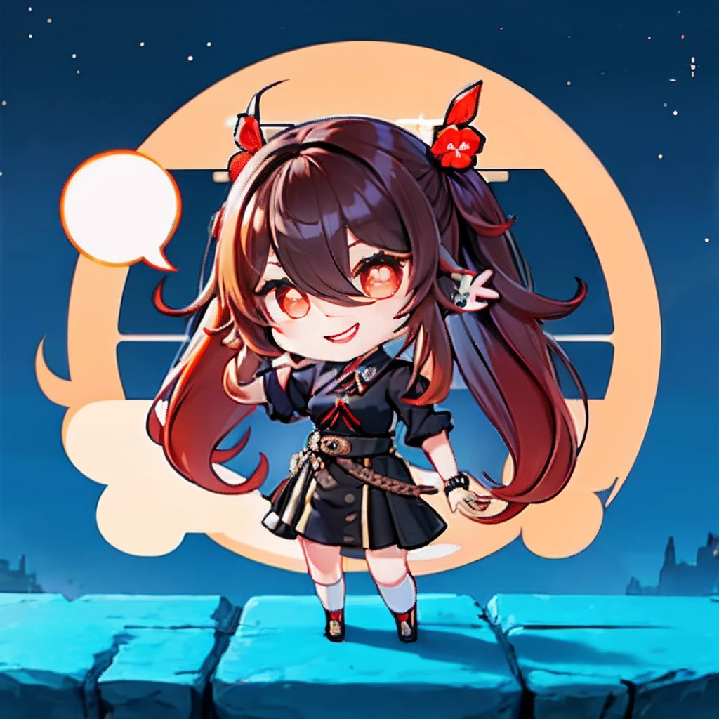 Hair over one eye、One Woman, 独奏, (twitch emote:1), Chibi, Brown hair, red eyes, , comic strip, departamento otaku backgrounid, a sticker, Thick black outline,Denim dresses、Black blouse、hair down、Orange hair、、brown haired、Denim Long Skirt hutao,  audifonos gamer con microfono, fente a ella un teclado con raton y un cojin para el raton