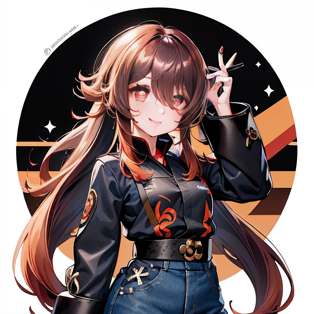 Hair over one eye、One Woman, 独奏, (twitch emote:1), Chibi, Brown hair, red eyes, , comic strip, departamento otaku backgrounid, a sticker, Thick black outline,Denim dresses、Black blouse、hair down、Orange hair、、brown haired、Denim Long Skirt hutao, audifonos gamer con microfono, fente a ella un teclado con raton y un cojin para el raton