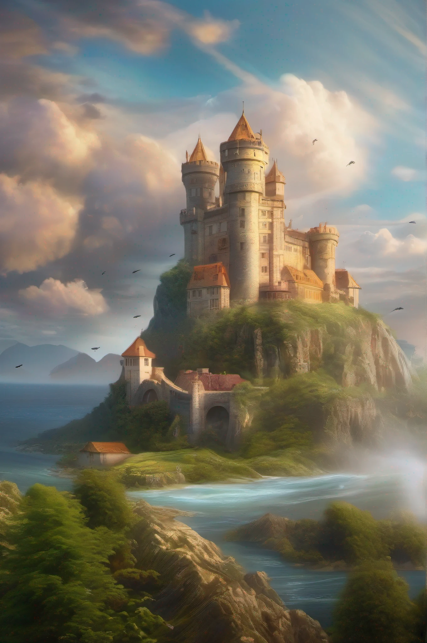 an epic view of an castel in island landscape with super realistic clouds