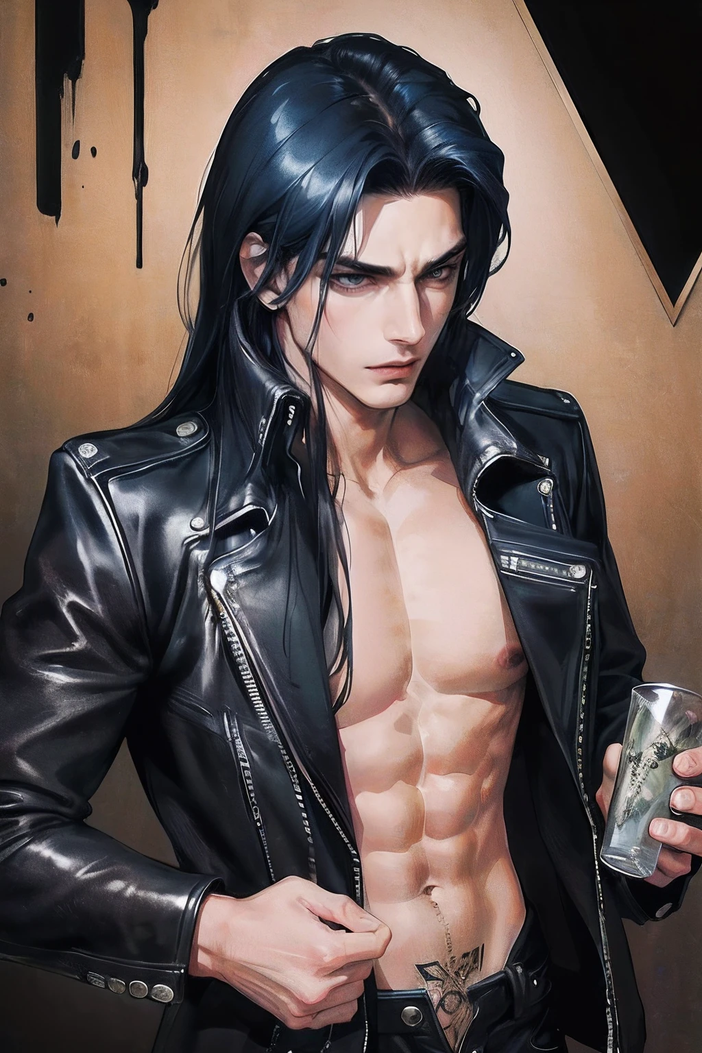 photography of a heavy metal star, a solo man, (((man))), (masculine face), 25 years old, singer, bad boy, (black eyes), expressive look, long dark blue black hair, (((bar background))), straight hair, blueshine hair, unshaven, black leather jacket, (long sleve jacket), leather pants, chest tattoo, super detailed face, perfect body, perfect shapes, perfecto hands, realistic image, award winning photography, 8k,