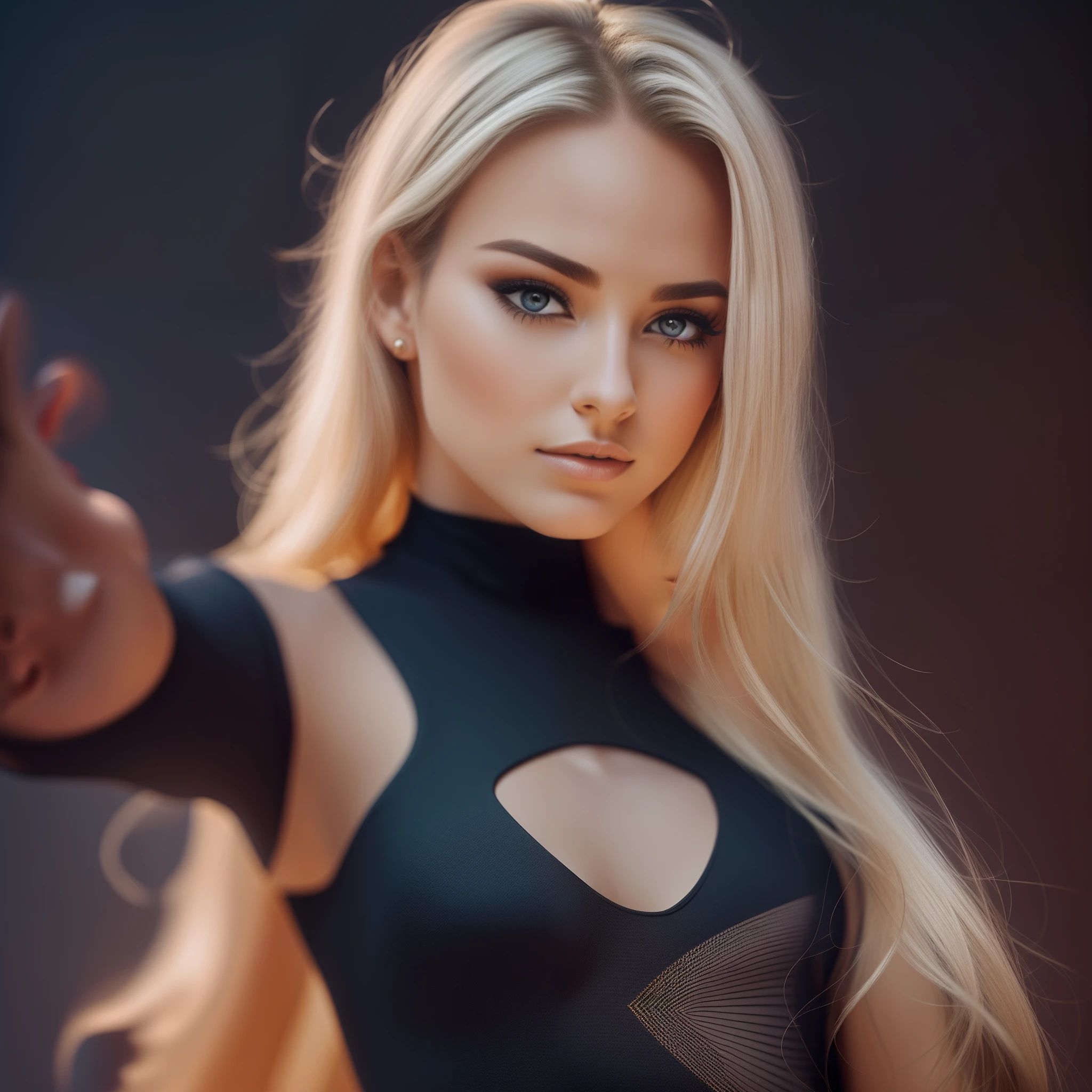Frontal shot of a 25-year-old European woman, Pointing at the camera, blonde hair, Serious, (Amazing skin detail: 1.4), (natural skin: 1.2), (pores: 0.6), makeup, (A detailed eye: 1.2), Black background, Studio, Light border, Dark atmosphere, (bokeh: 1.2), photografic, Cinematic, Photorealistic, ultra realisic, fit girl, form fitting dress, perfect figure