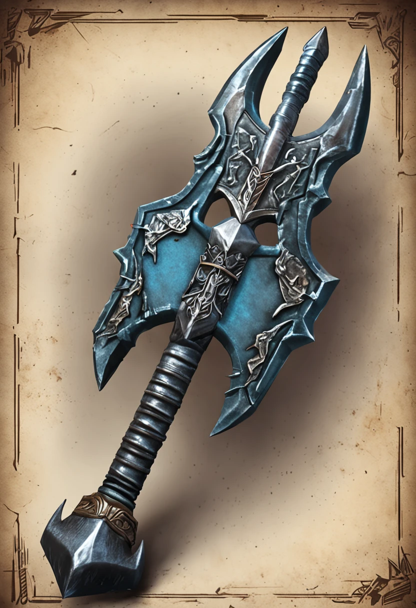 a close up of a metal axe with spikes on it, warcraft blizzard weapon art, fantasy rpg weapon art, war blade weapon, fantasy weapon, epic fantasy weapon art, of spiked gears of war skulls, battleaxe, hammer weapon, rpg item, battle axe, dual wielding axes, rpg game item, medieval weapon, warhammer model, fantasy scythe, warhammer